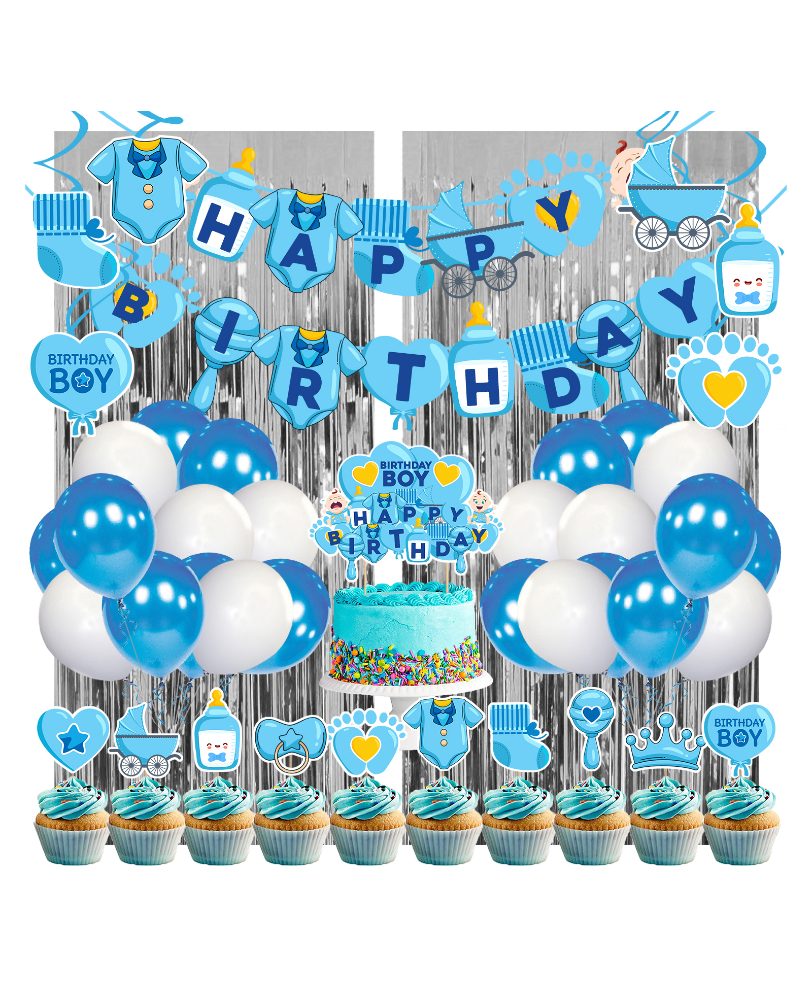 Zyozi Baby Boy Birthday Decoration kit Banner Cake CupCake Topper Swirls Foil Curtain and Balloons Blue Silver - Pack Of 45-image-11