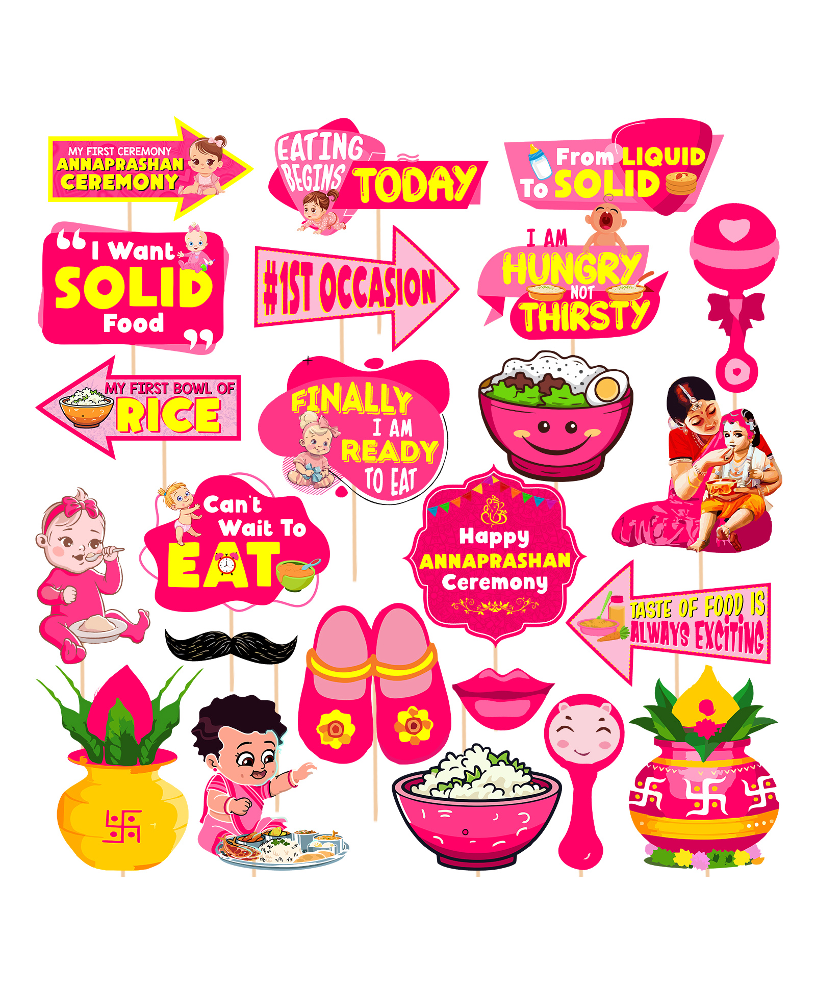 Zyozi Rice Ceremony Photo Booth Props, Annaprashan Decorations Kit Pink - Pack Of 23-picture-14