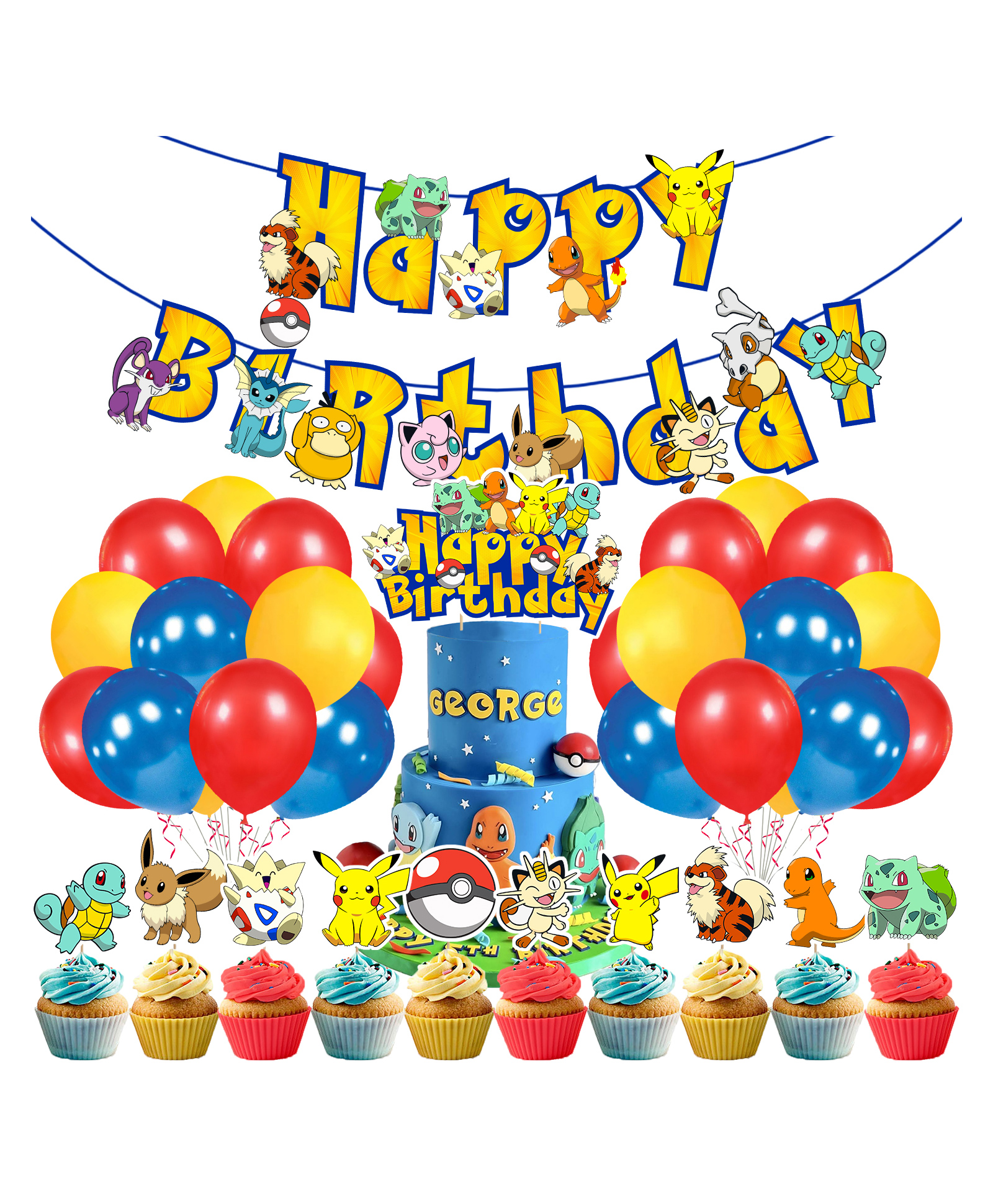 Zyozi Pokemon Theme Birthday Decorations Kit Banner Balloons Cake & CupCake Topper yellow -Pack Of 37-image-22