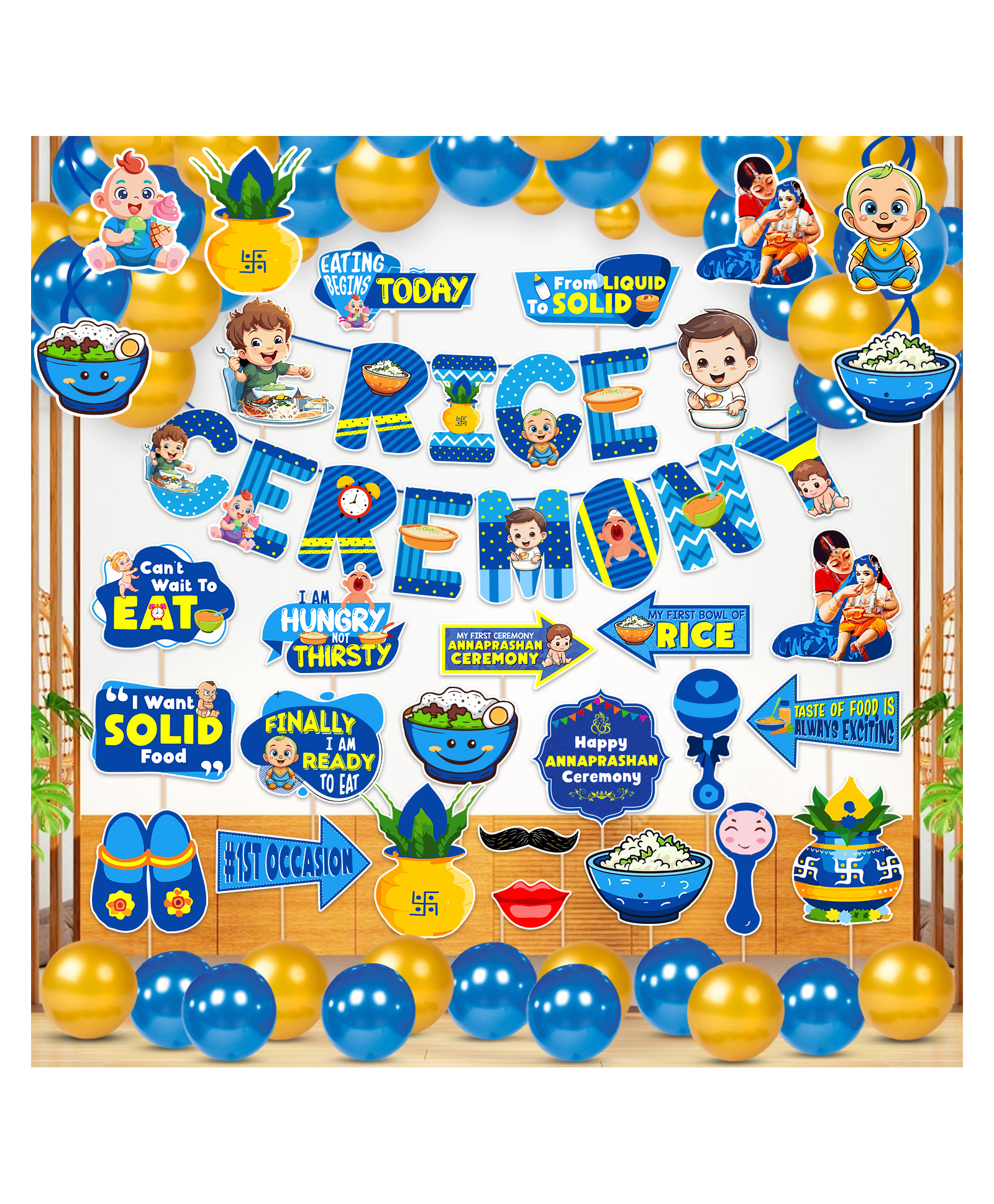 Zyozi Rice Ceremony Decorations Combo Kit - Banner Photo Booth Swirls & Balloons Blue Gold -Pack Of 55-image-40