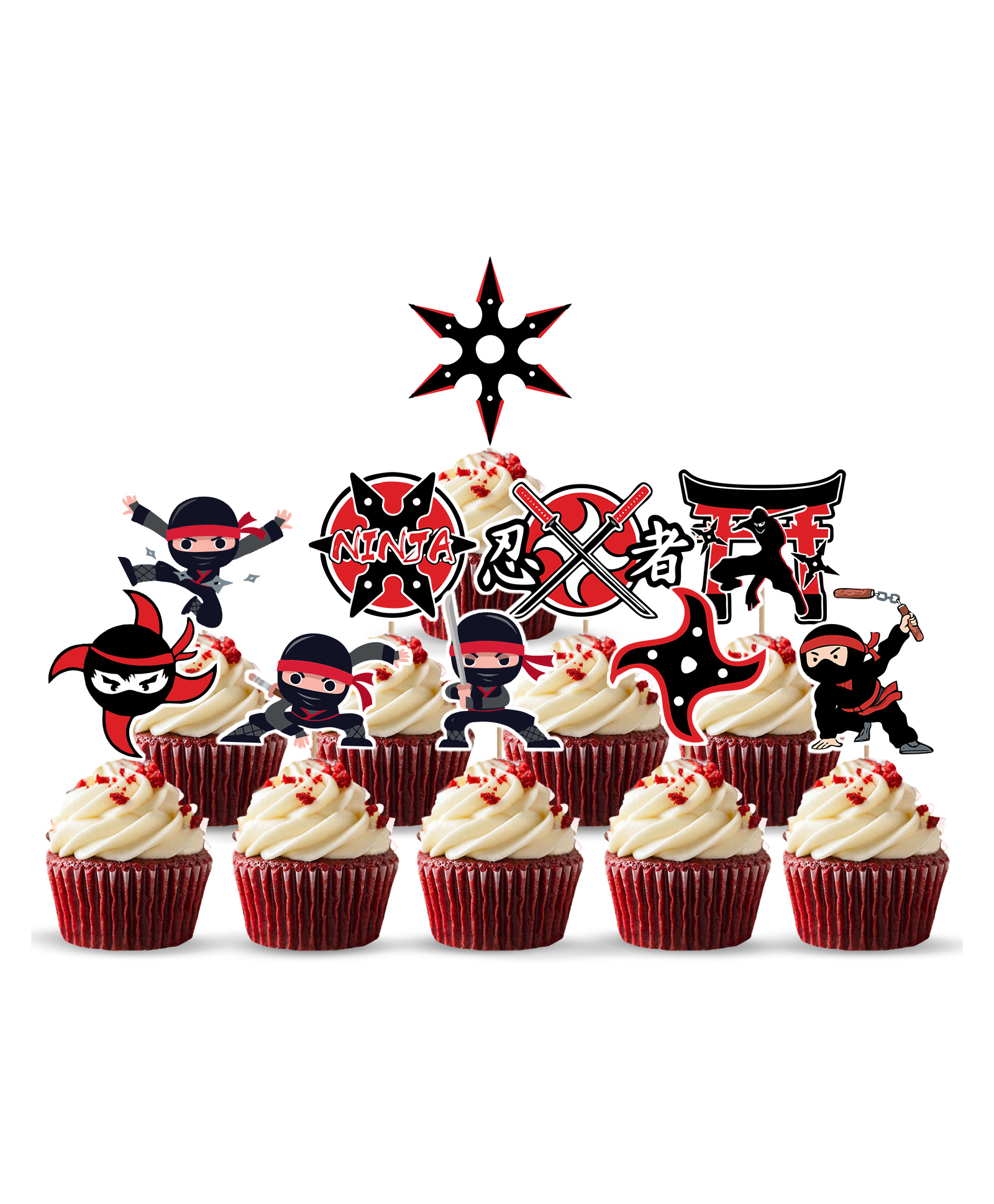 Zyozi Ninja Theme Cupcake Toppers For Birthday Decorations Red Black - Pack Of 10-picture-46