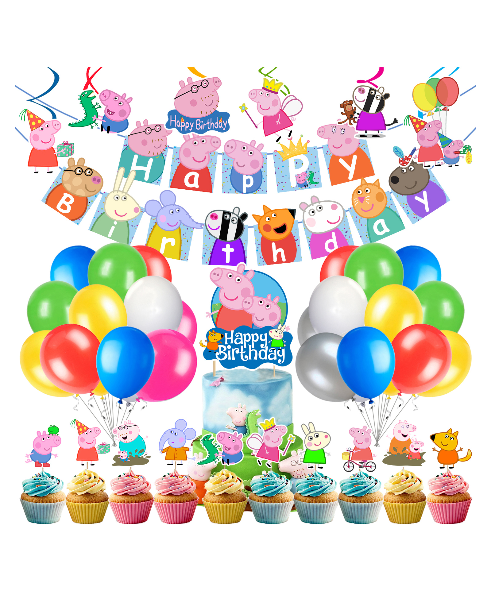 Zyozi Pig Theme Birthday Decorations Combo Banner Balloons Cake Cupcake Toppers Swirls MultiColor - Pack of 43-image-26