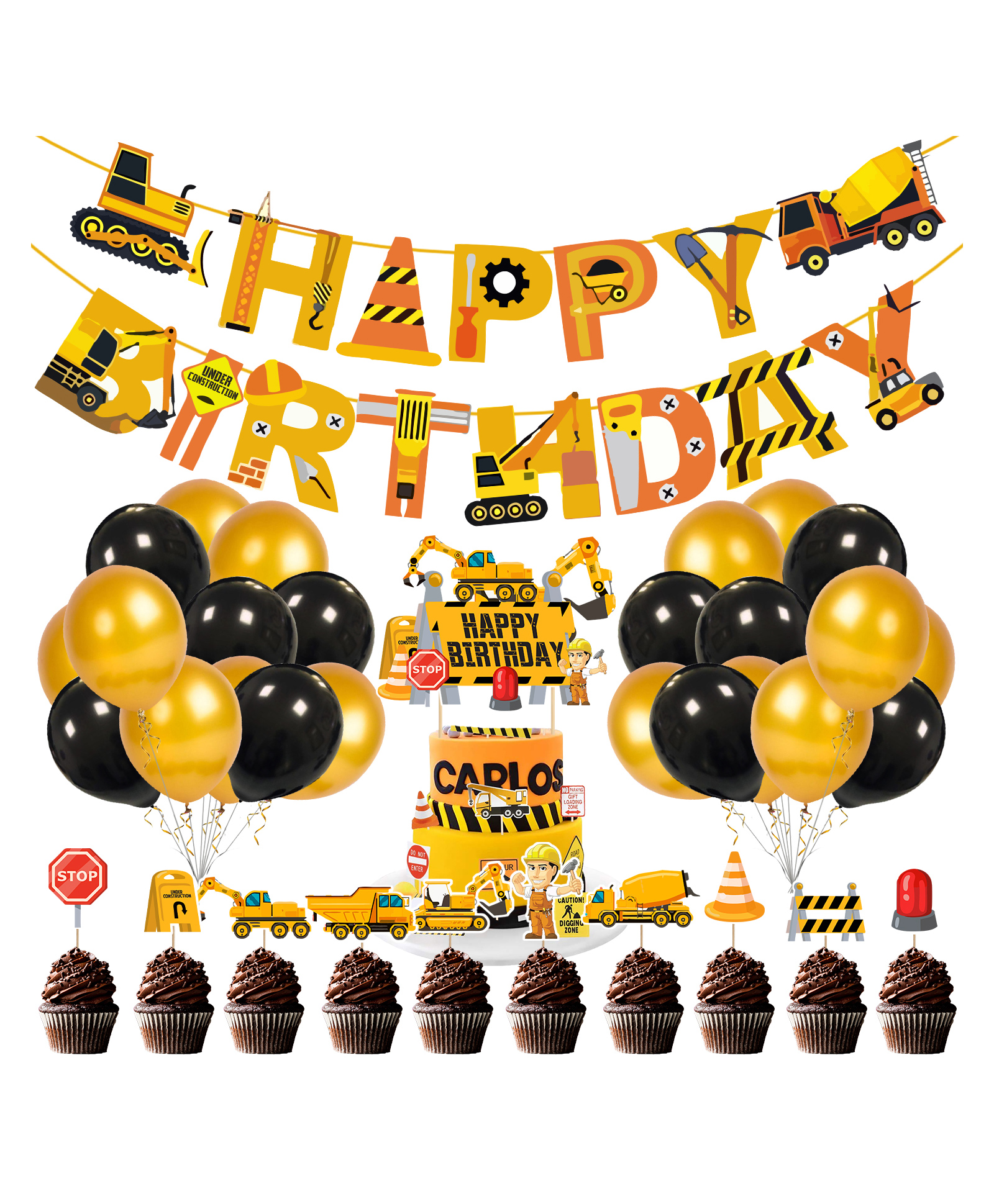 Zyozi Under Construction Theme Birthday Decorations Set Banner Cake CupCake Topper and Balloon Yellow Black - Pack Of 37-image-28