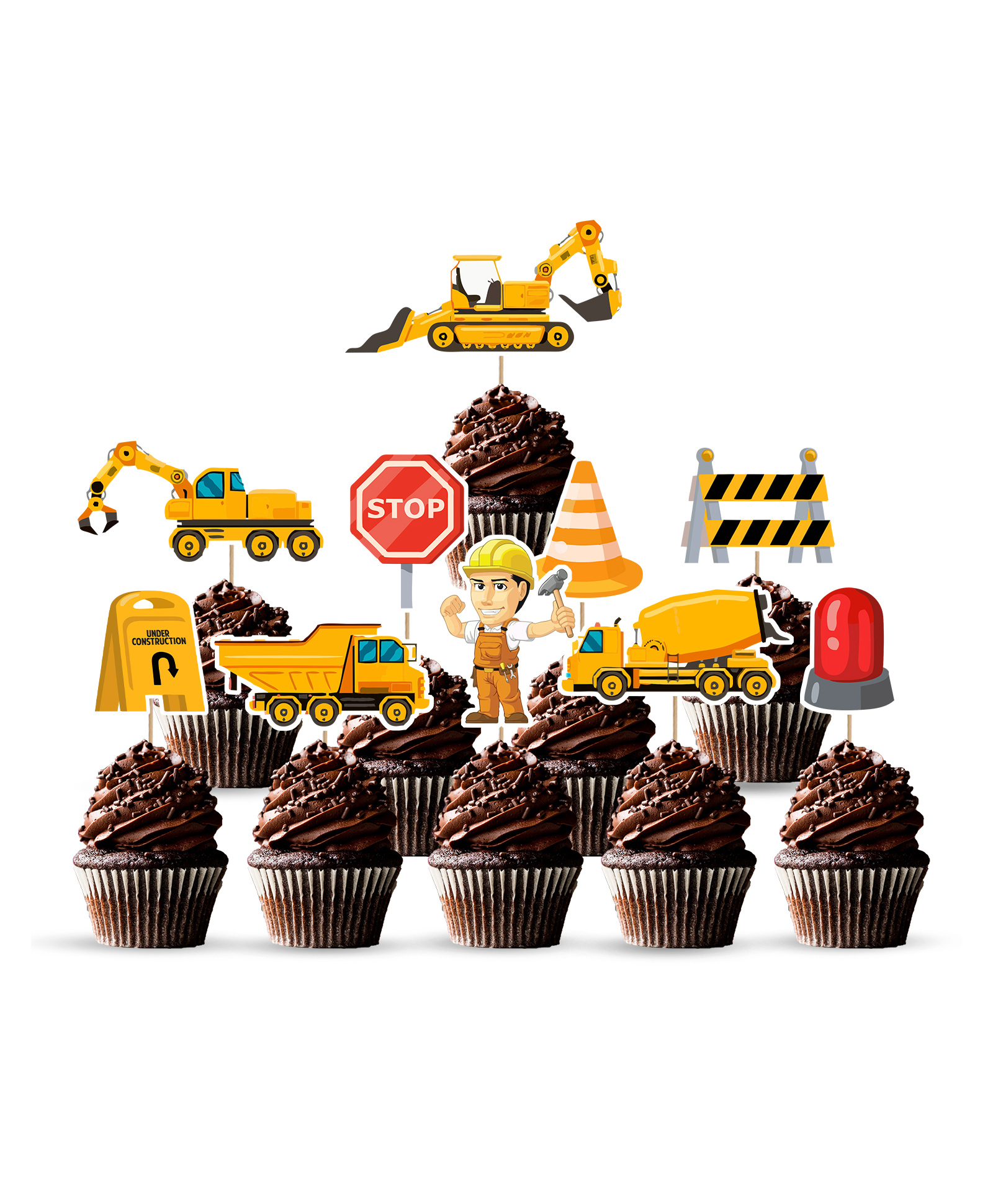 Zyozi Construction Theme Cupcake Toppers For Birthday Party Decorations Yellow Black - Pack Of 10-image-10