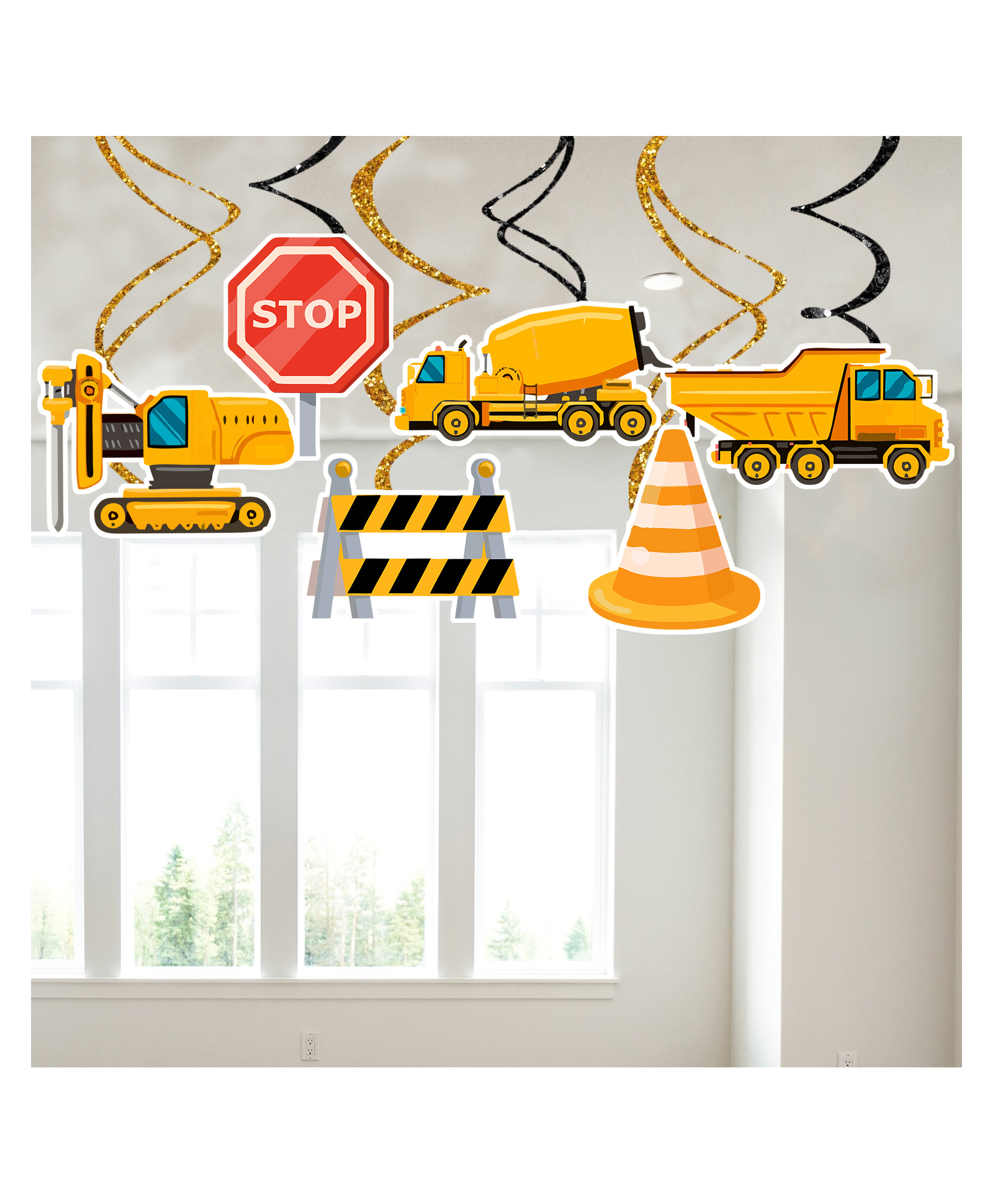 Zyozi Construction Theme Birthday Party Hanging Swirls Decoration Yellow Black - Pack Of 6-image-7