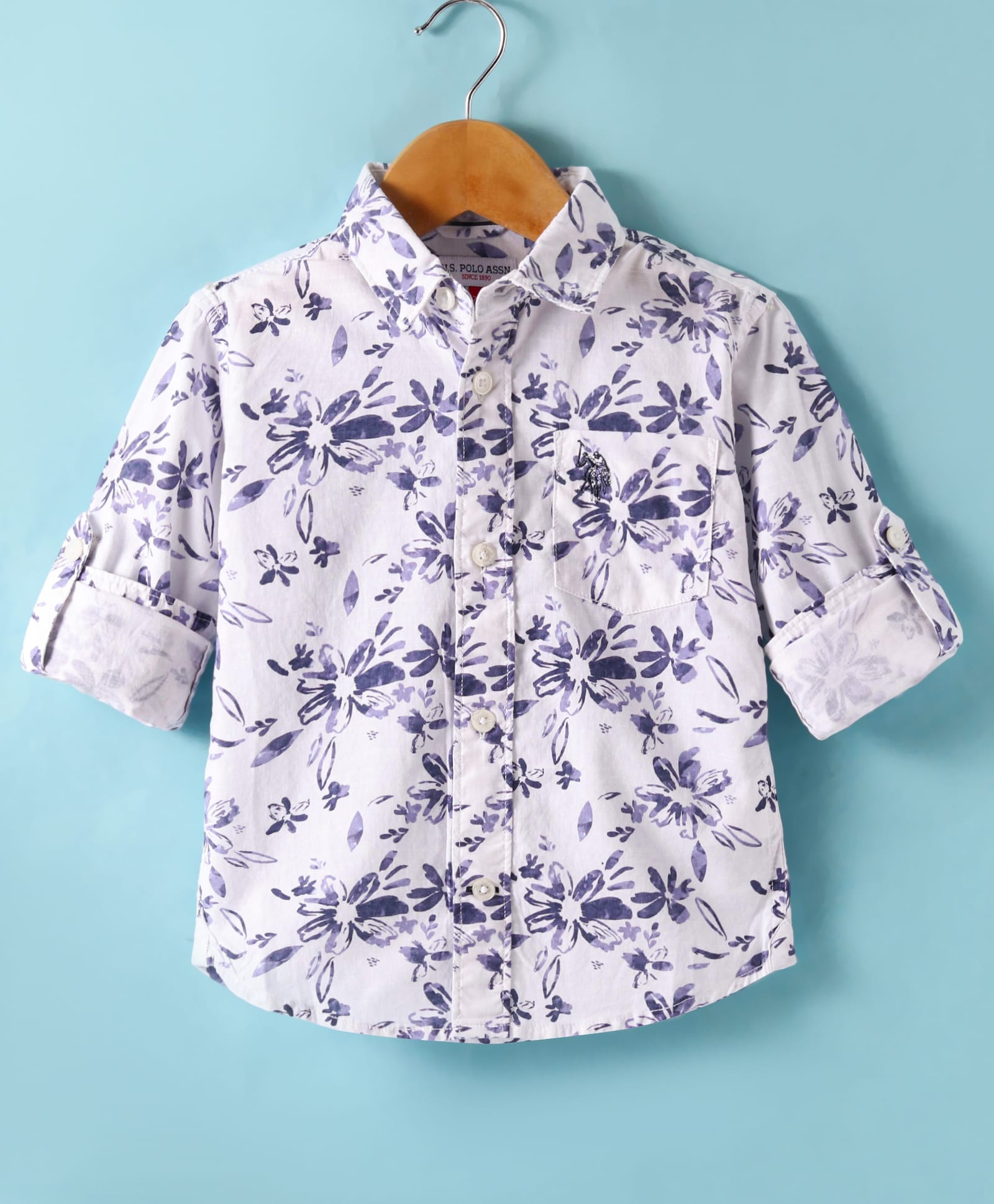 US Polo Assn Cotton Knit Full Sleeves Floral Printed Shirt - White & Purple-picture-16