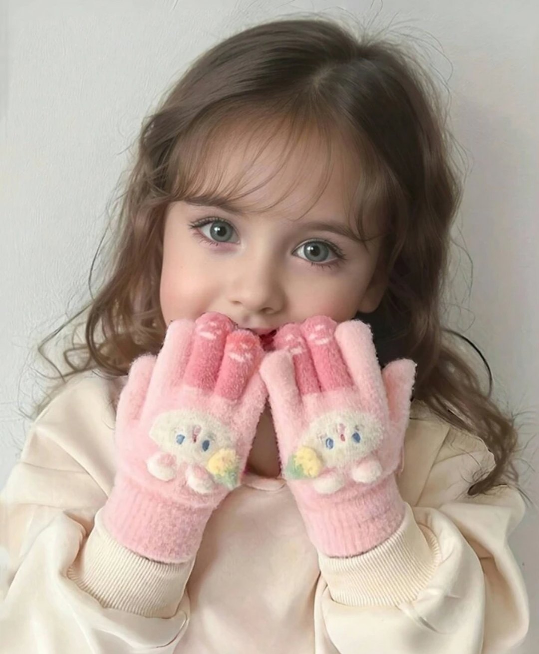 Ziory Wool Rabbit & Strawberry Designed Full Finger Gloves - Pink-picture-18