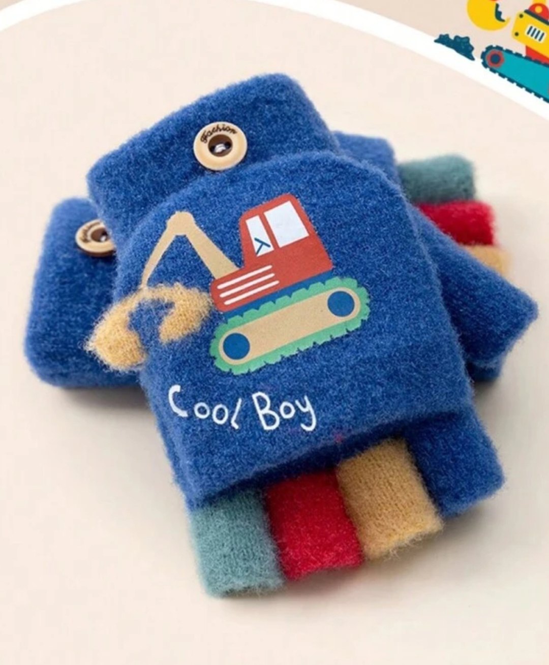 Ziory Wool Cool Boy Text & Vehicle Printed & Colour Blocked Half Finger Gloves - Blue