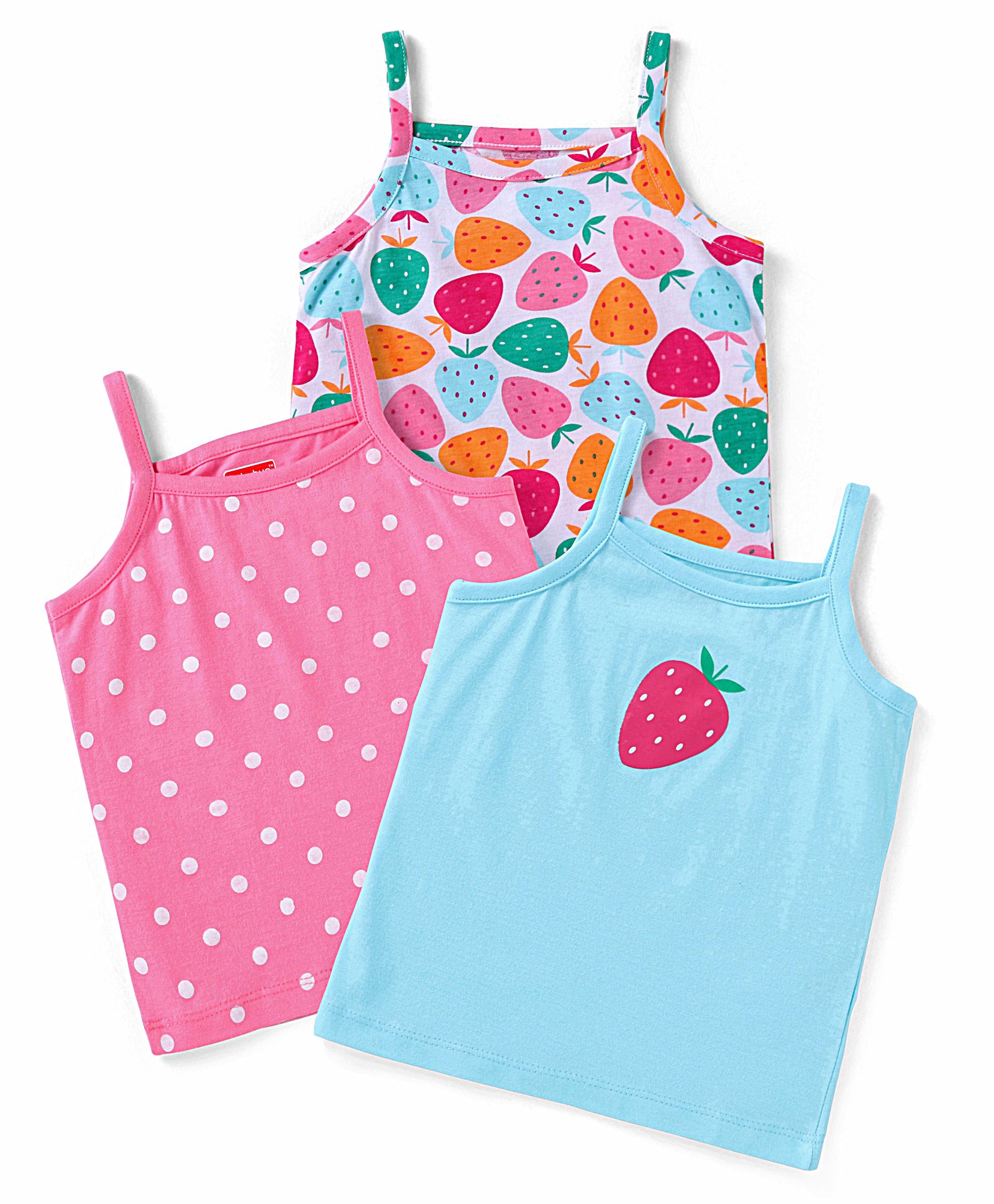 Babyhug 100% Cotton Singlet Sleeves  Slips Polka Dot & Strawberry Print Pack of 3 - Pink & Blue-image-31