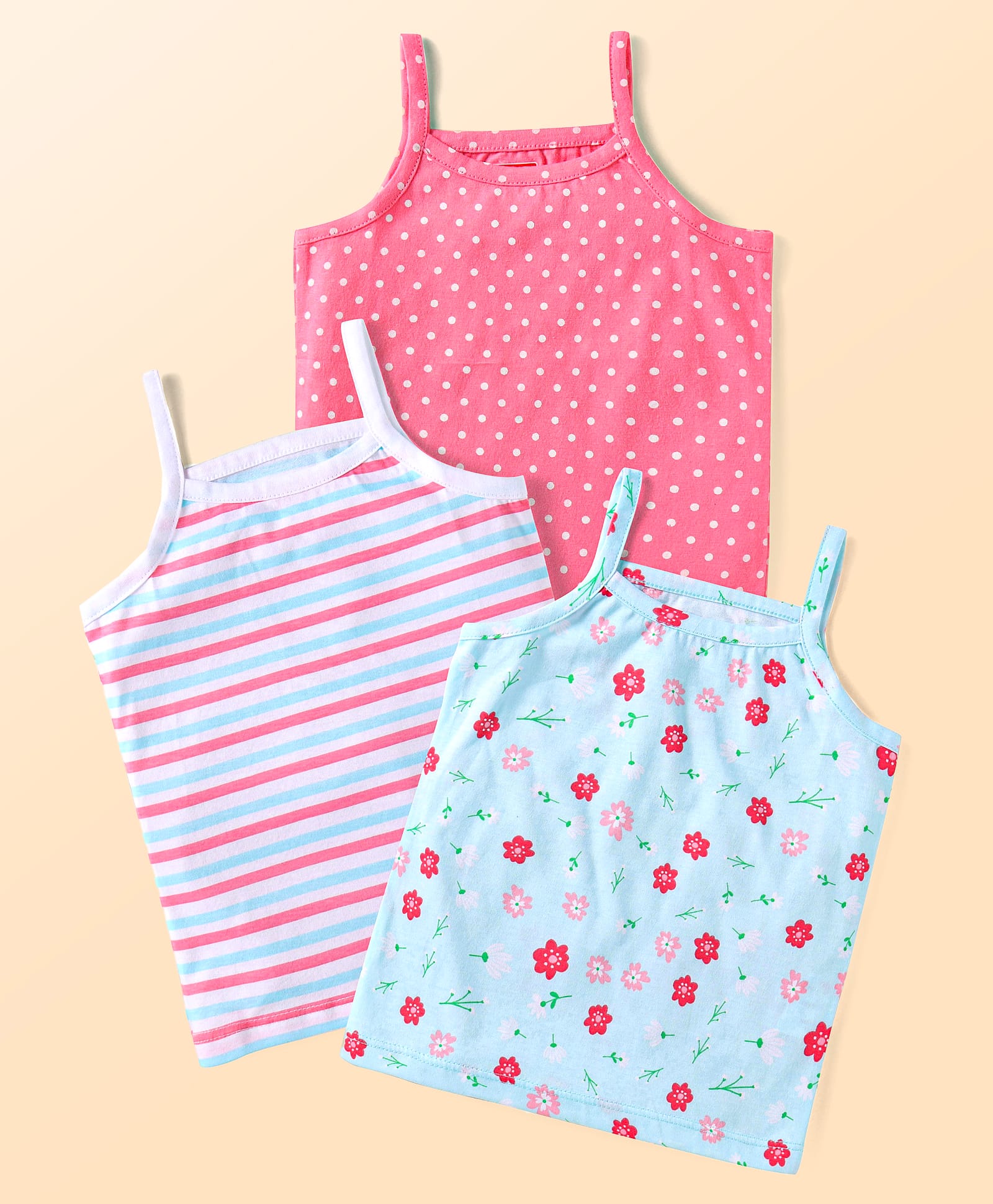 Babyhug 100% Cotton Knit Singlet Sleeves Striped Polka Dots & Floral Printed Slips Pack of 3 - Pink White & Aqua Blue-picture-15
