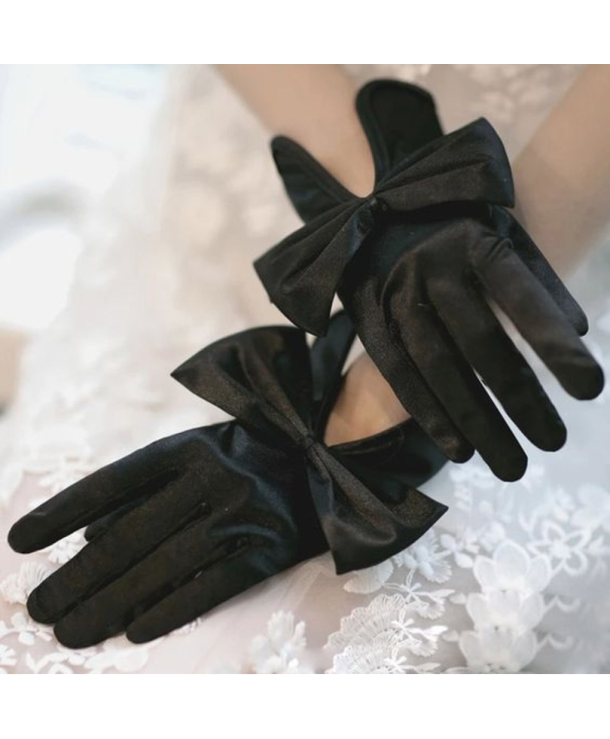 Tipy Tipy Tap Fullfinger Satin Huge Bow Gloves - Black-picture-20