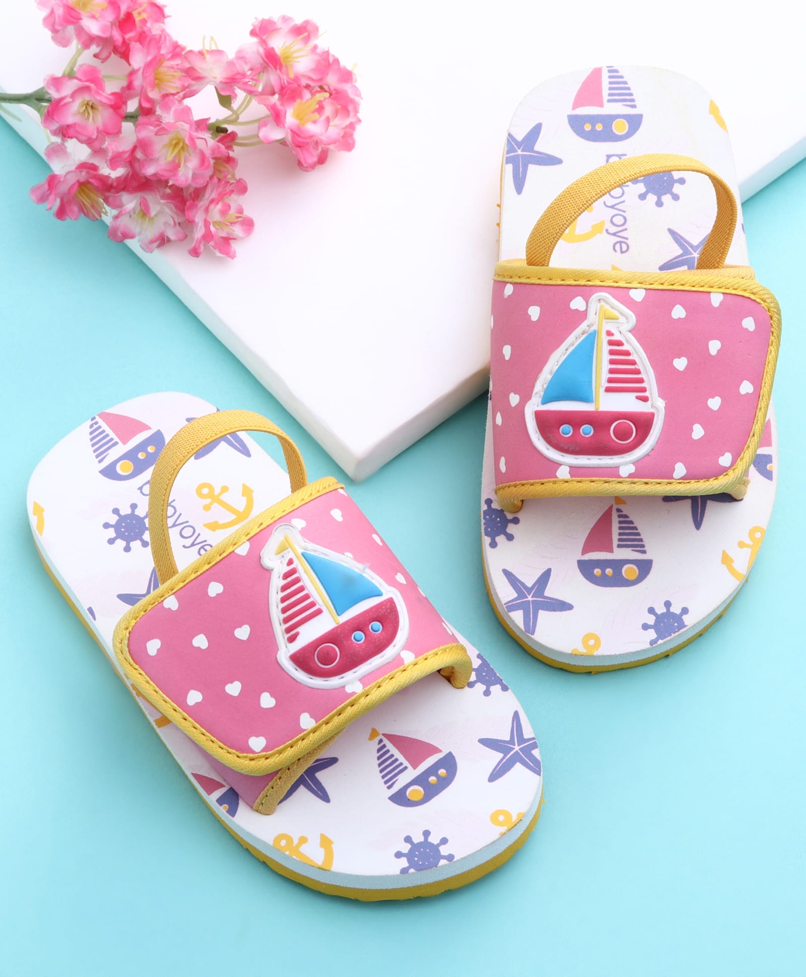 Babyoye Back Strap Flip Flops with Nautical Theme - White & Pink-image-10