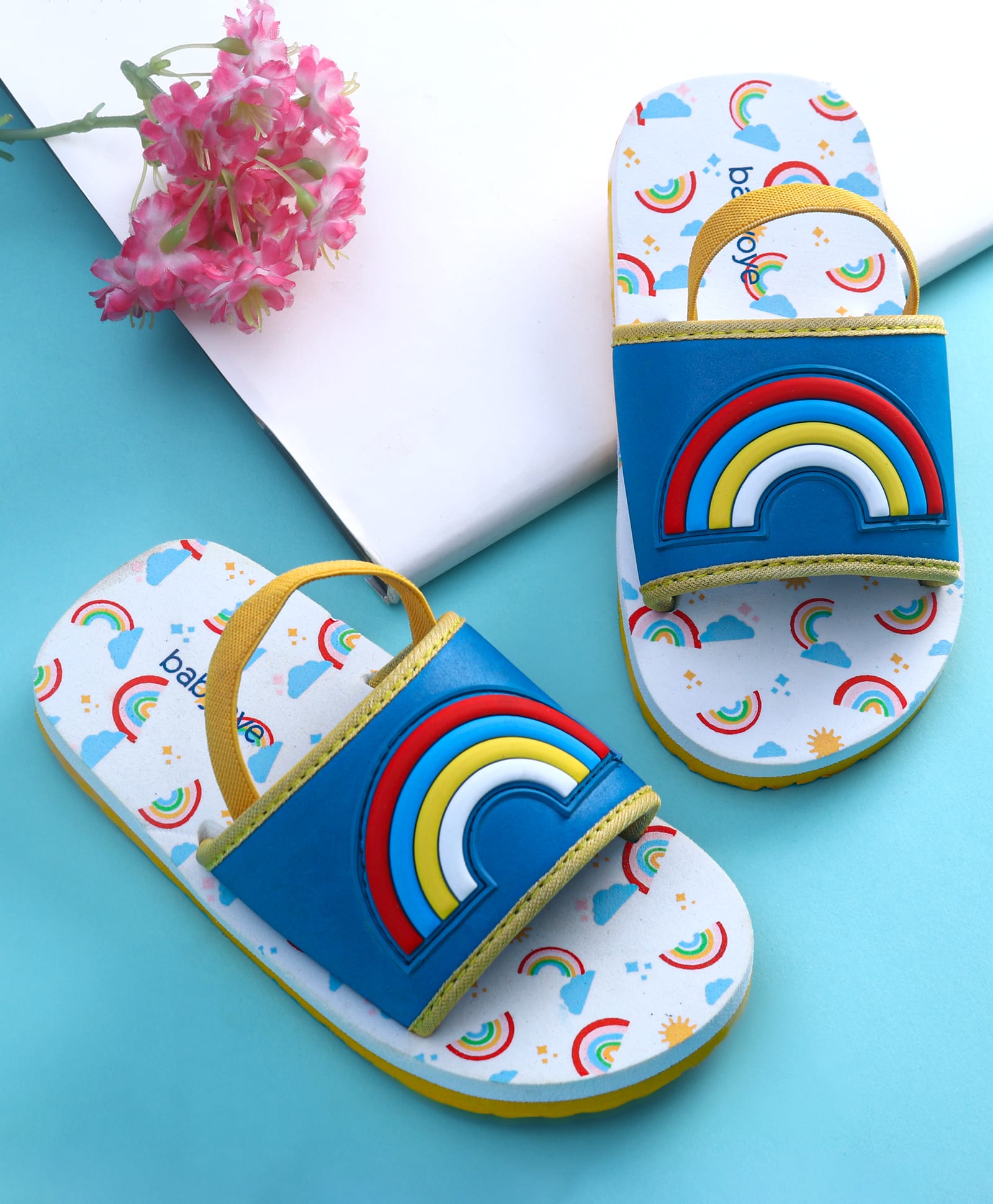 Babyoye Rainbow Theme Printed Flip Flops with Back Strap - Blue & White