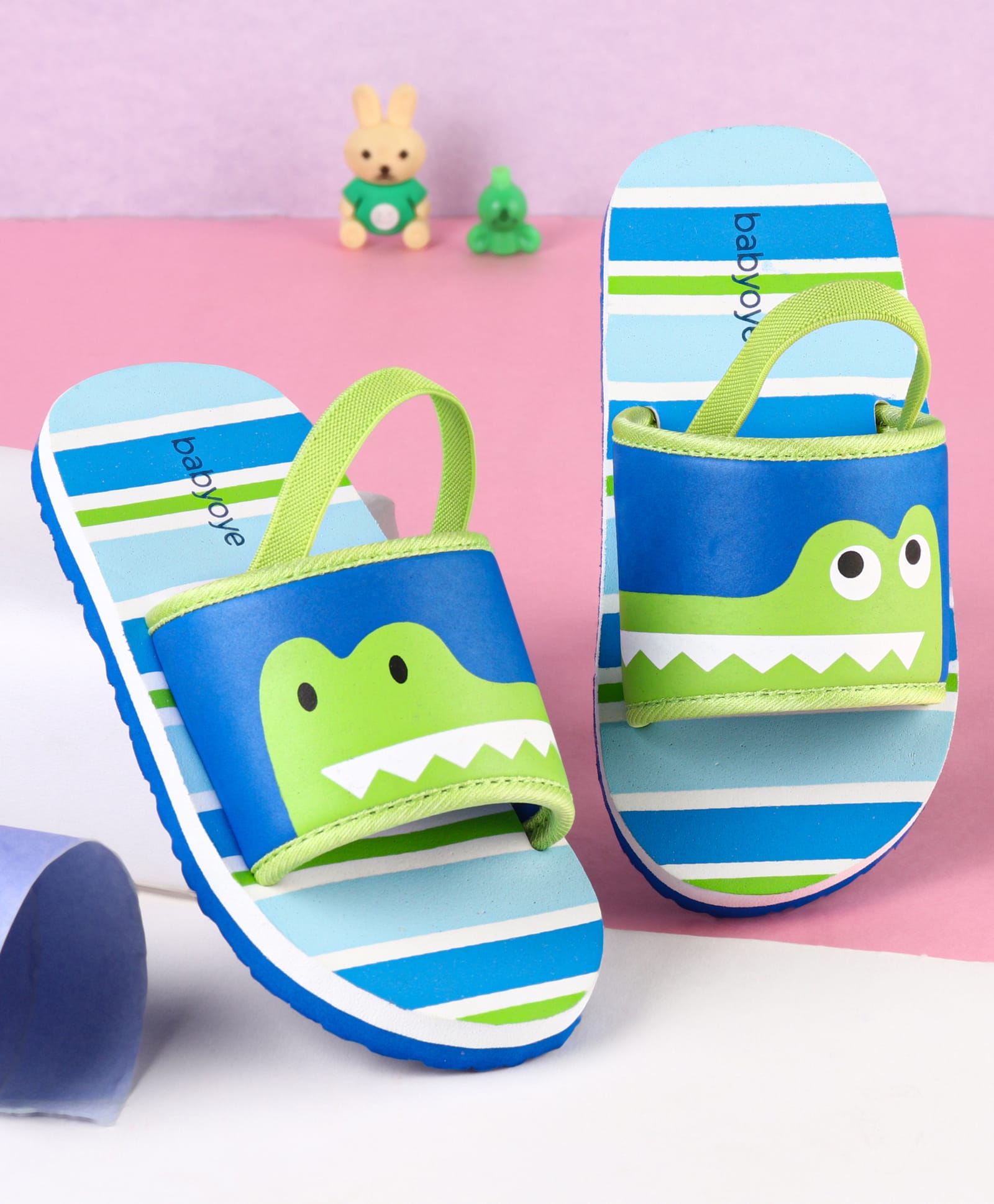 Babyoye Frog Printed Flip Flops with Back Strap - Blue-image-5