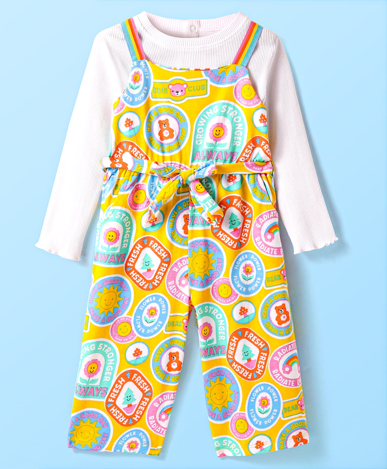 Babyhug Cotton Knit Full Sleeves Solid Topwith Printed Jumpsuit - Mustard-image-28