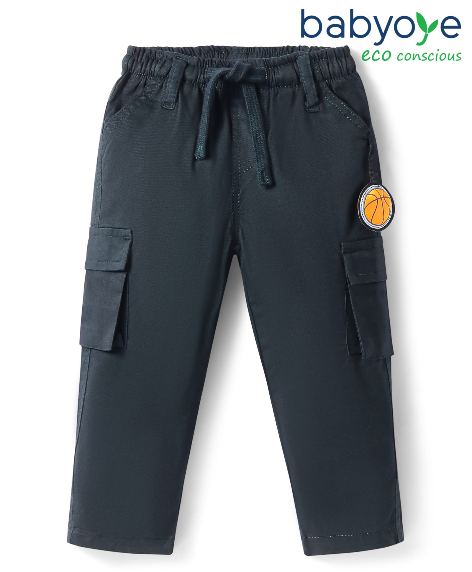 Babyoye Eco Conscious Cotton Spandex Twill Woven Solid Dyed Trousers with Basket Ball Patch - Dark Green-image-0