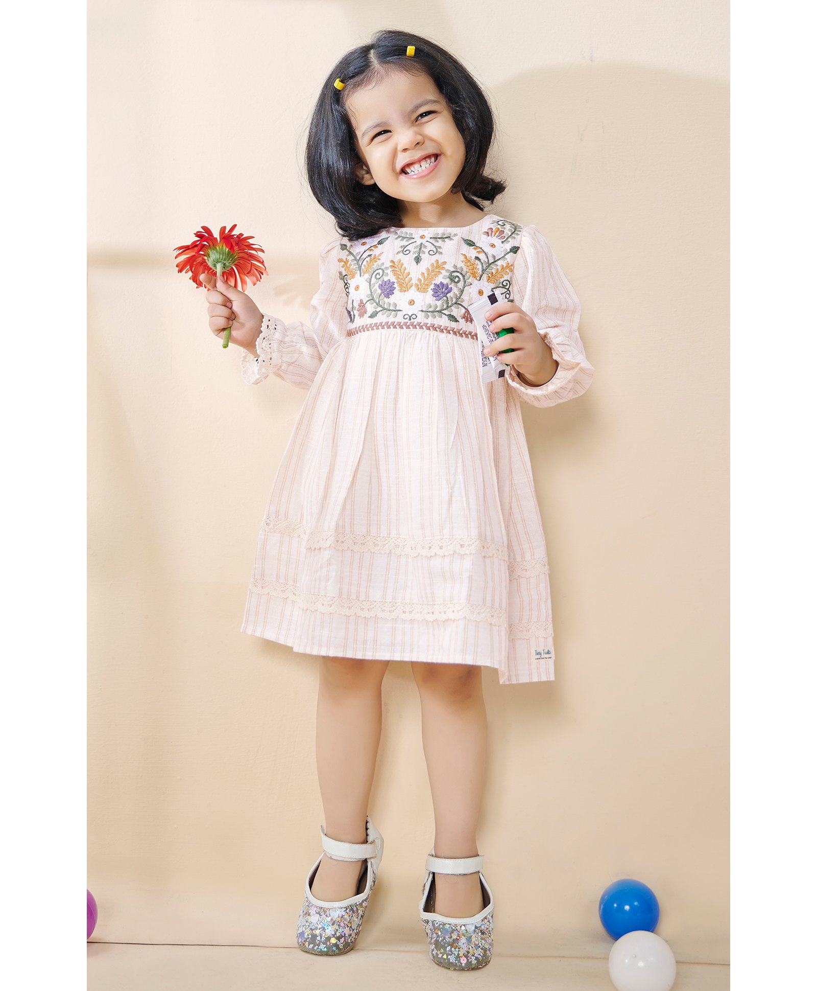 Tiny Twills Khadi Cotton Three Fourth Puffed Sleeves Floral Embroidered Striped & Lace Embellished Dress - Beige