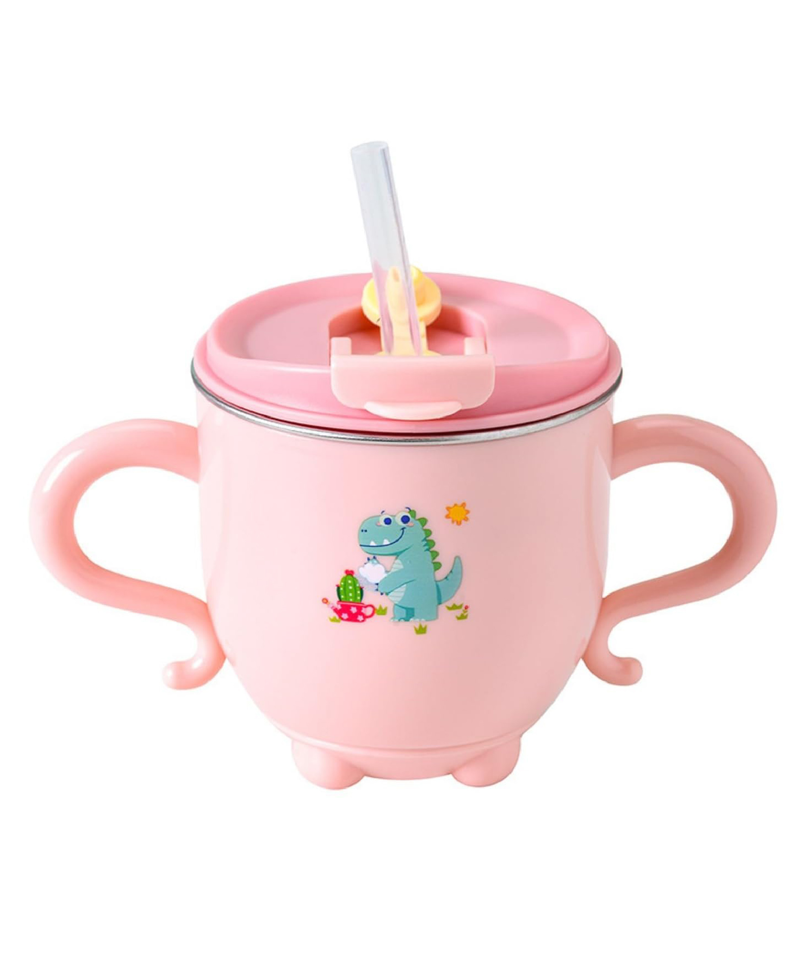 FunBlast Dinosaur Print Stainless Steel Milk Mug with Lid & Straw for Kids  200 ml Pink-image-34