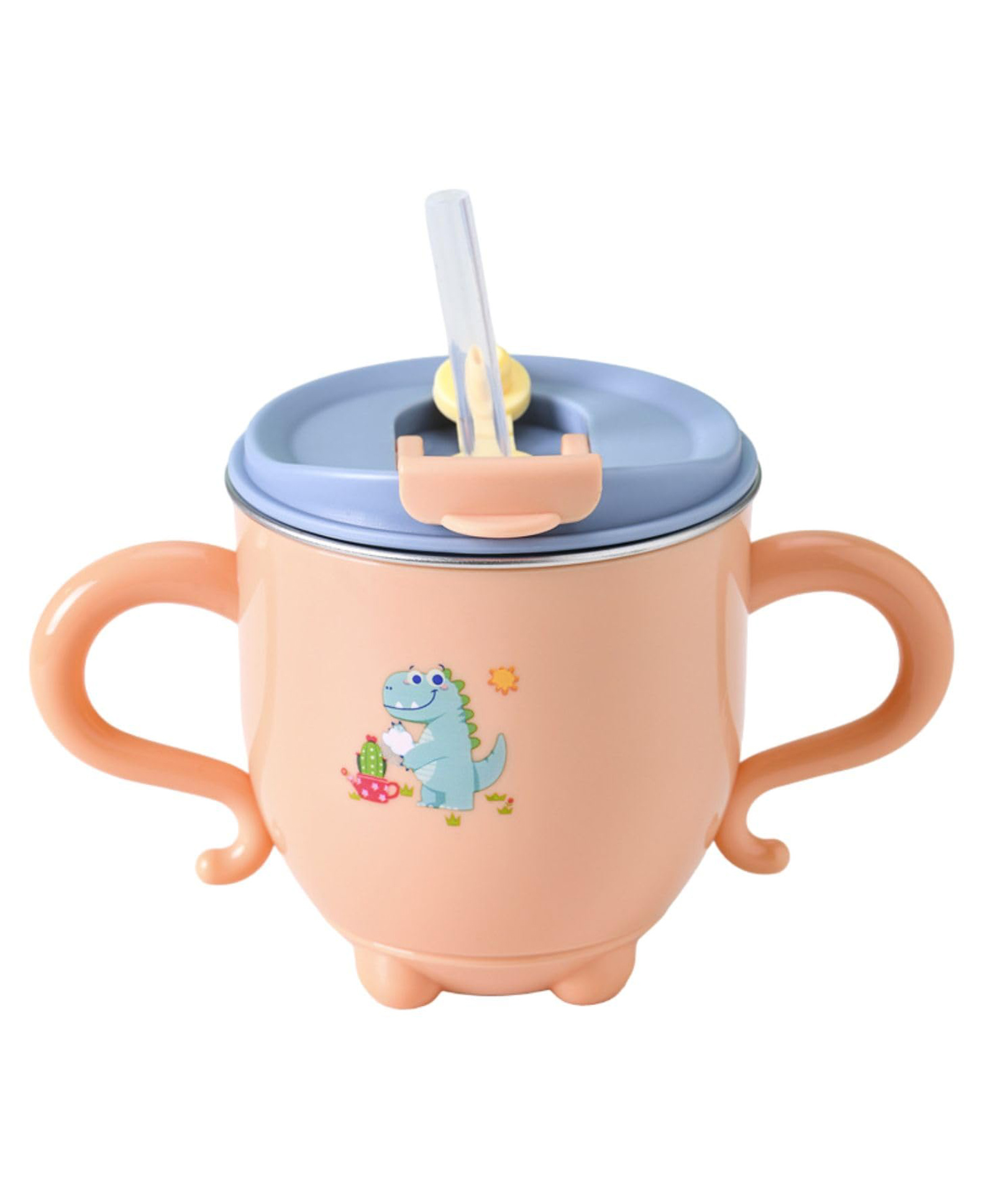 FunBlast Dinosaur Print Stainless Steel Milk Mug with Lid & Straw for Kids  200 ml Peach
