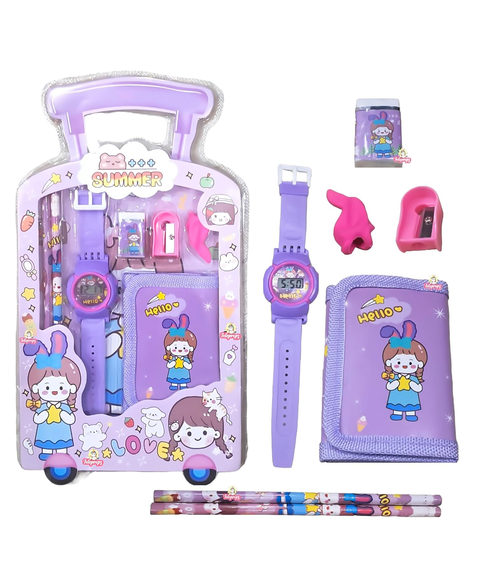 Paper Moon 7 in 1 Cartoon Stationery Set for Kids Pencils, Eraser, Sharpener, Watch, Wallet Return Gift For kids- Design May Vary-image-14