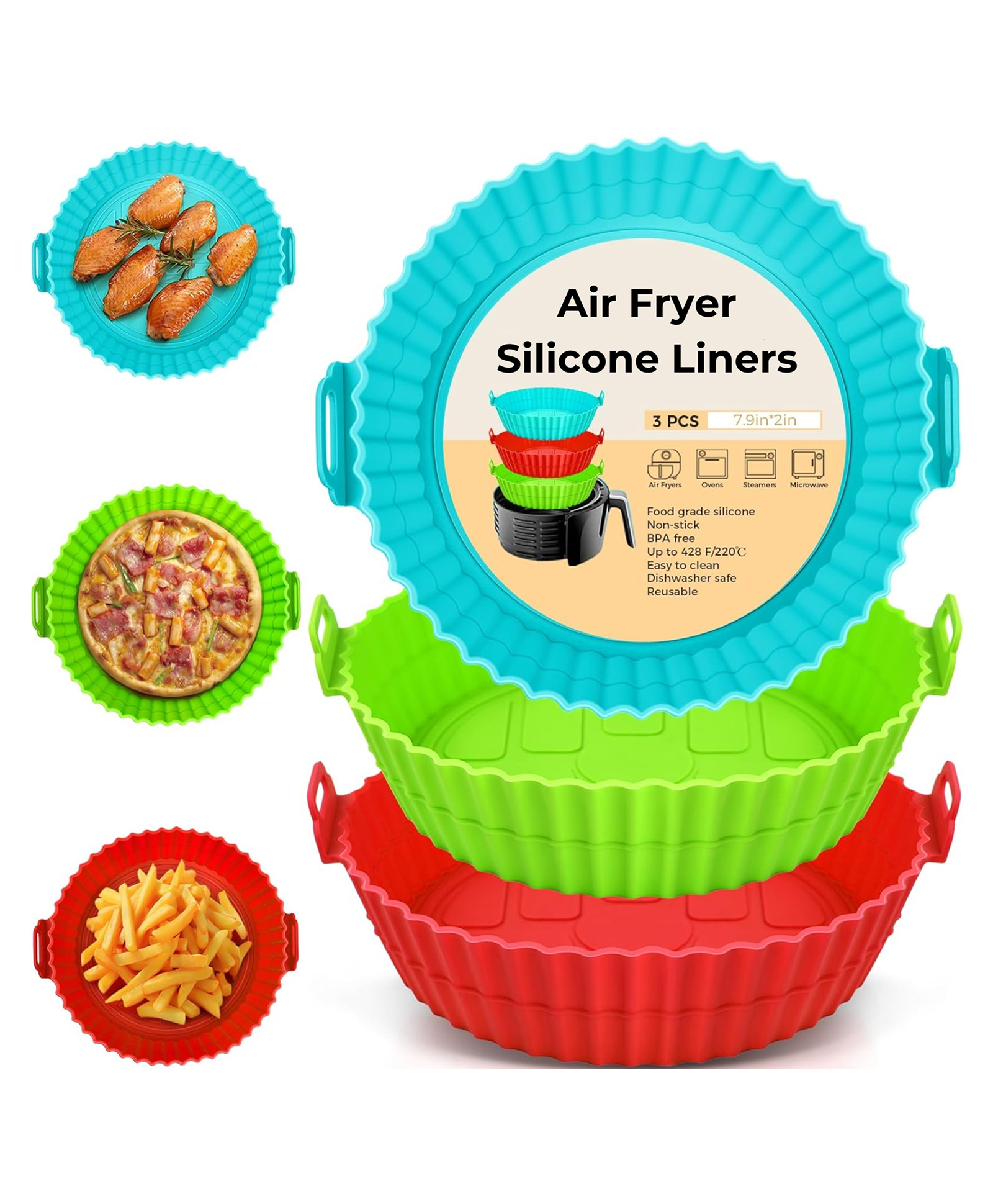 ulifestyle Paper Moon 2pcs Air Fryer Silicone Pots, Non-Stick Air Fryer Liners with Ear Handles, Reusable AirFryer Silicone Basket - Multicolor-picture-13