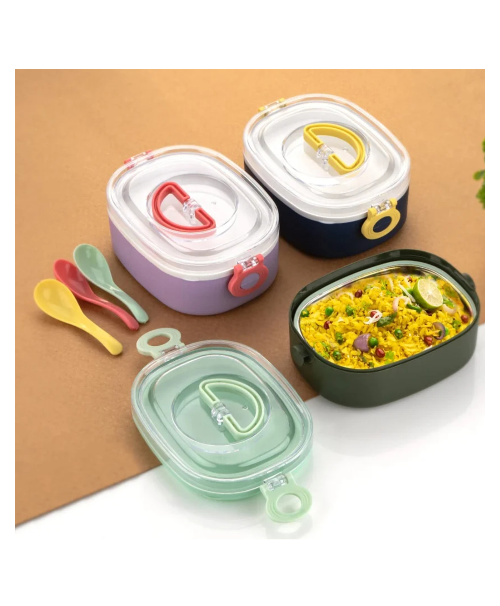 Paper Moon Bento Lunch Box with 1 Spoon and Container 900ml Capacity, Anti Spill Lid BPA Free Food Grade Material for School- Color May Vary-image-3