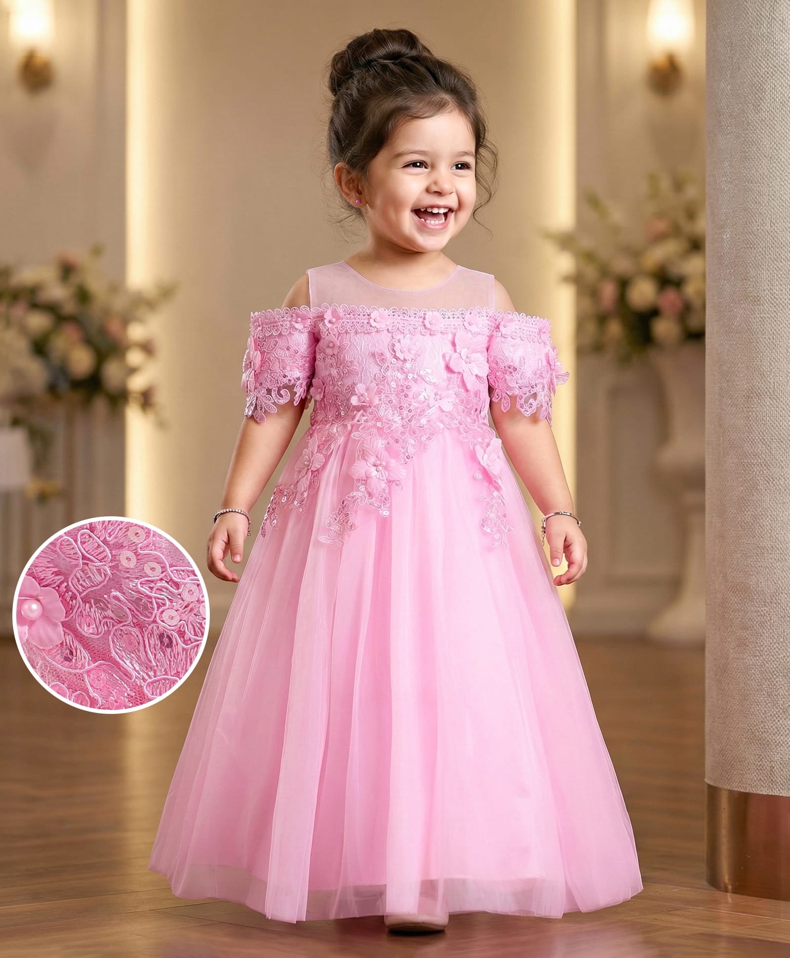Mark & Mia Cold Shoulder Sleeves Floral Embroidered Party Gown with Applique- Pink-image-2