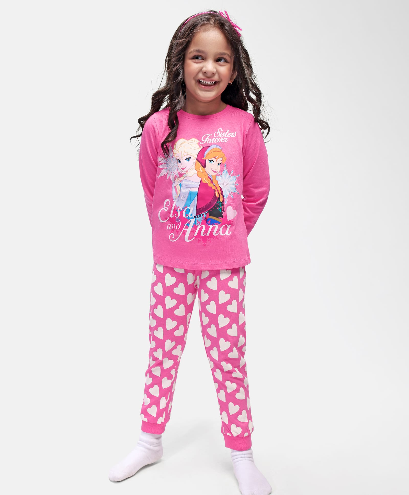 Babyhug Disney Single Jersey Knit Full Sleeves Night Suit with Heart Elsa & Anna Print - DarkPink-picture-17