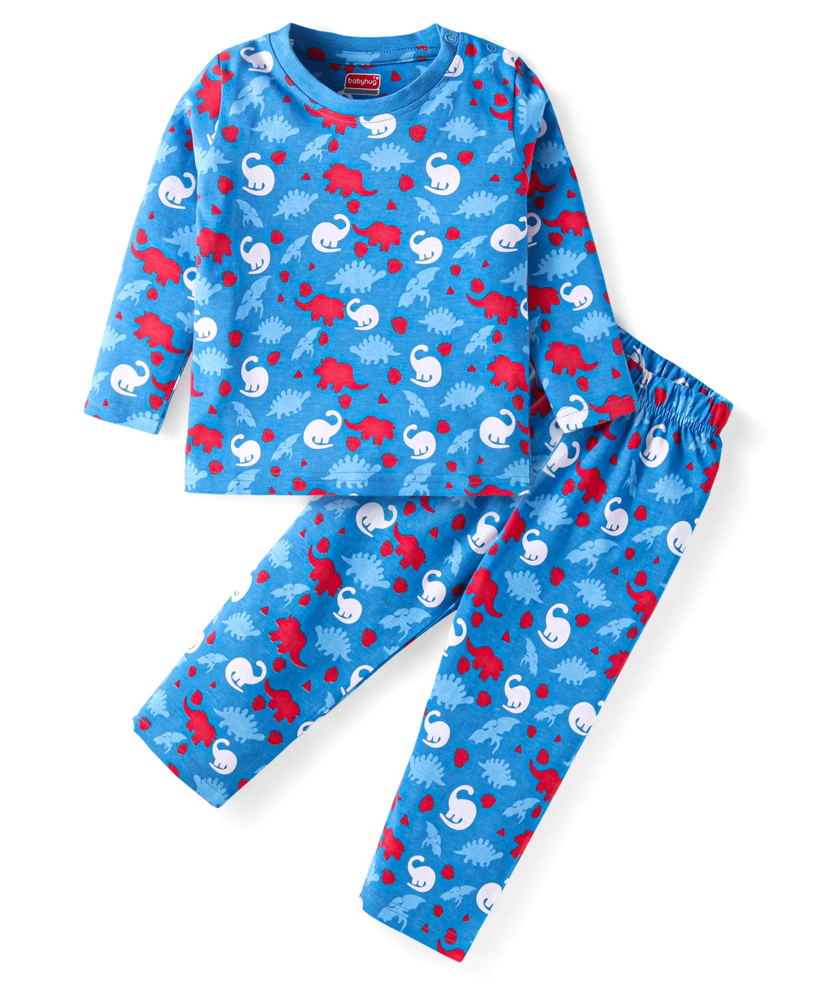 Babyhug Cotton Knit Full Sleeves Night Suit With Dino Print - Blue-image-28
