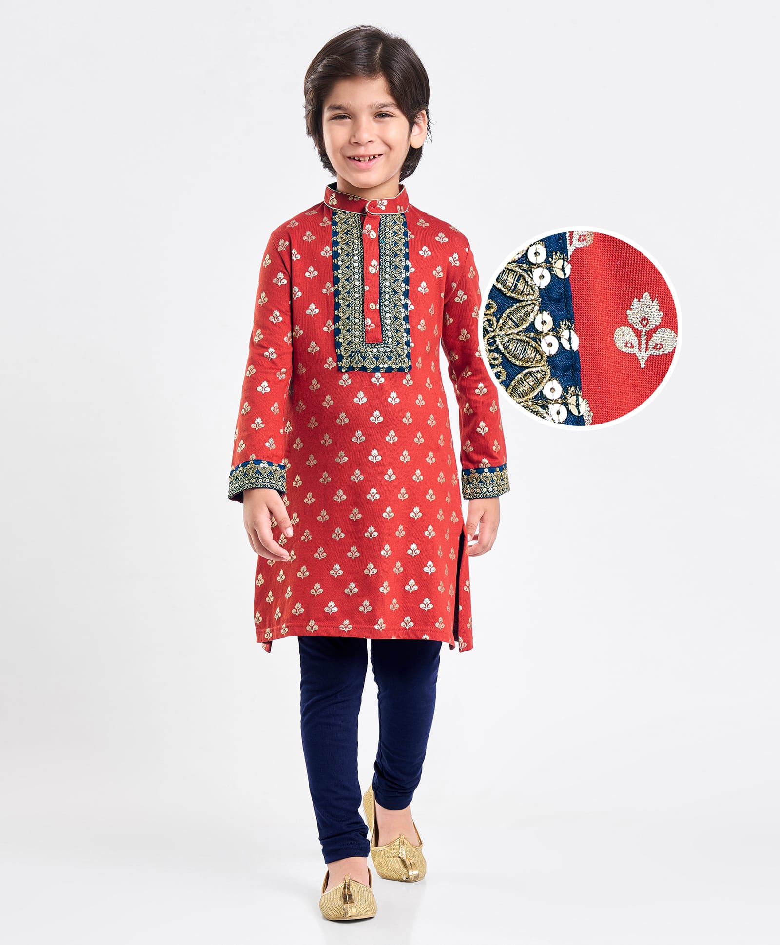 Earthy Touch Single Jersey Knit Full Sleeves Kurta Pajama Set with Floral Foil Print & Lace Detailing - Orange-image-49
