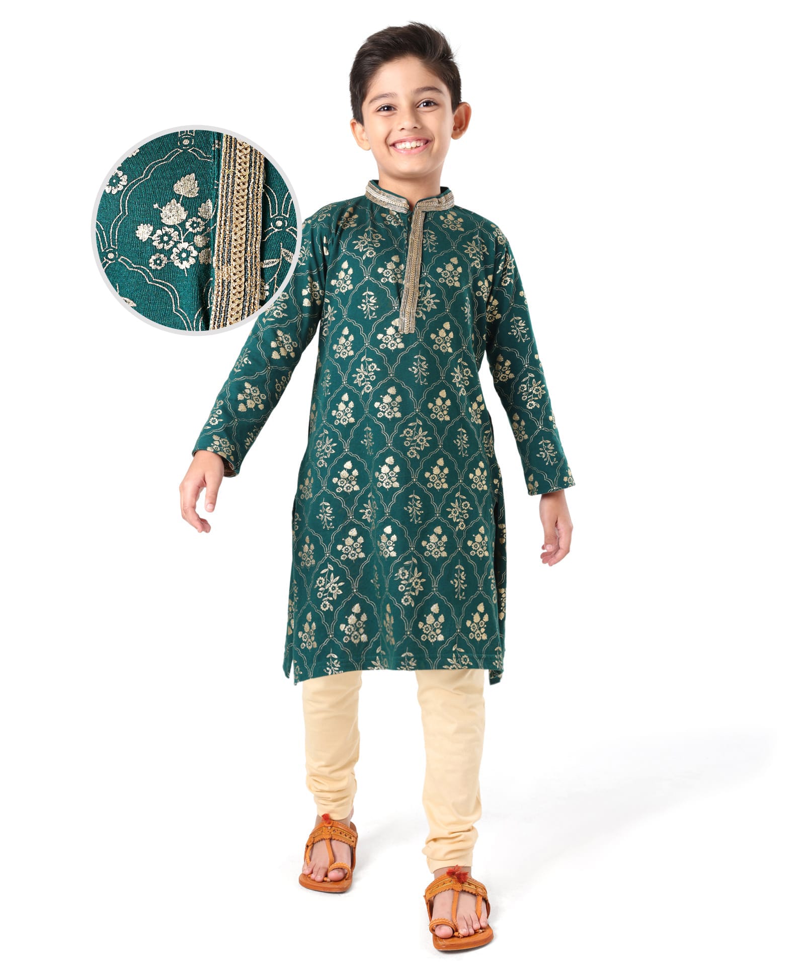 EARTHY TOUCH Single Jersey Knit Full Sleeves Floral Foil Printed Kurta with Solid Color Pajama Set - Teal Blue-image-43