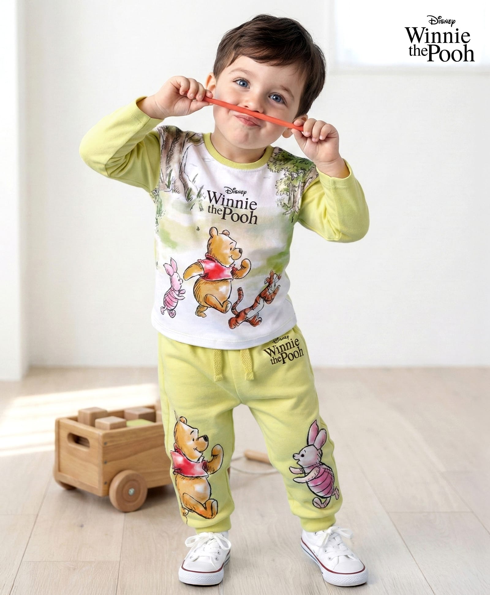 Babyoye Disney Terry Knit Full Sleeves Sweatshirt & Lounge Pant Set With Winnie the Pooh Graphics - Lime Green