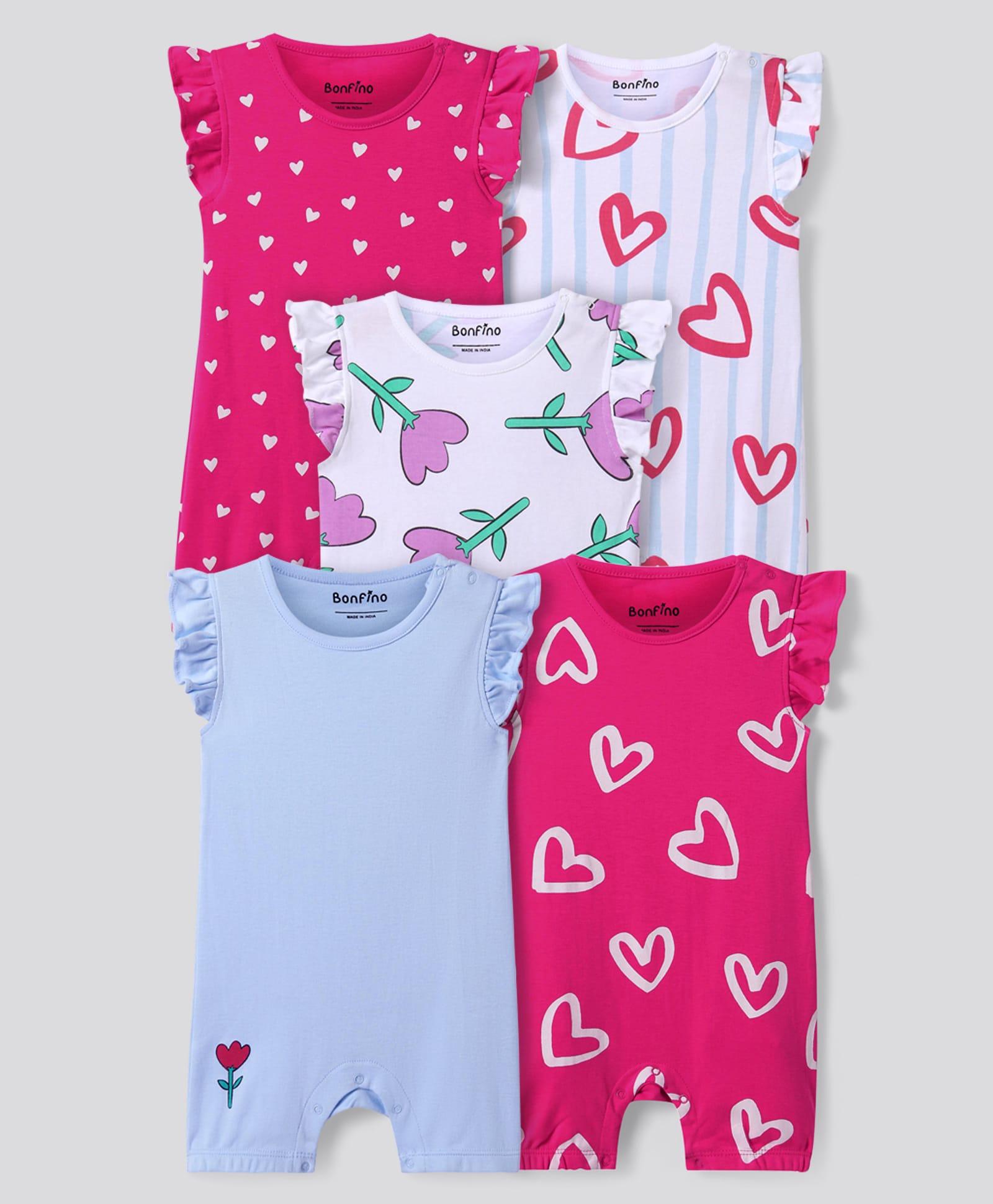 Bonfino 100 % Cotton Knit Frill Sleeves Rompers with Hearts & Floral Print Pack of 5 - Dark Pink White & Light Blue