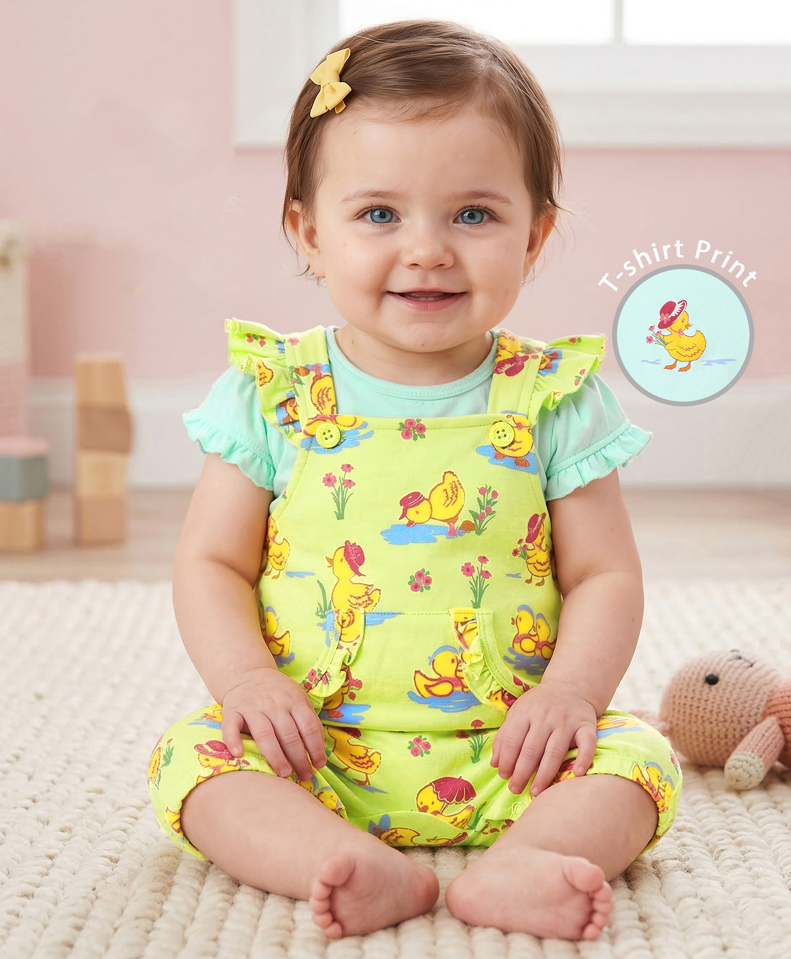 Babyoye Eco Conscious 100% Cotton Knit Frill Sleeves Birds Printed Dungaree & Inner Tee - Light Green-picture-17