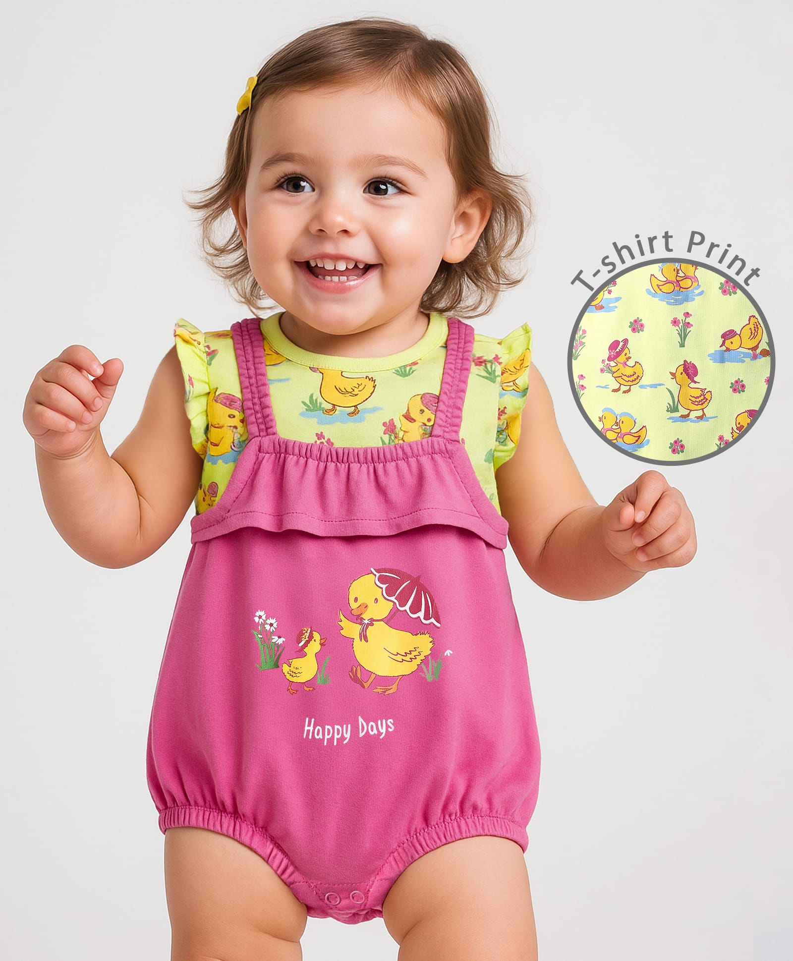 Babyoye Eco Conscious 100% Cotton Cap Sleeves Inner T-Shirt & Dungree Style Onesie With Duck Print - Pink & Yellow-image-33
