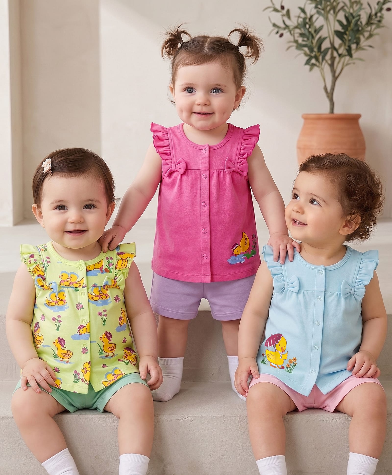Babyoye Eco Conscious 100% Cotton Knit Frill Sleeves Birds Printed Jhablas with Bow Applique Pack of 3 - Dark Pink Light Blue & Green-picture-12