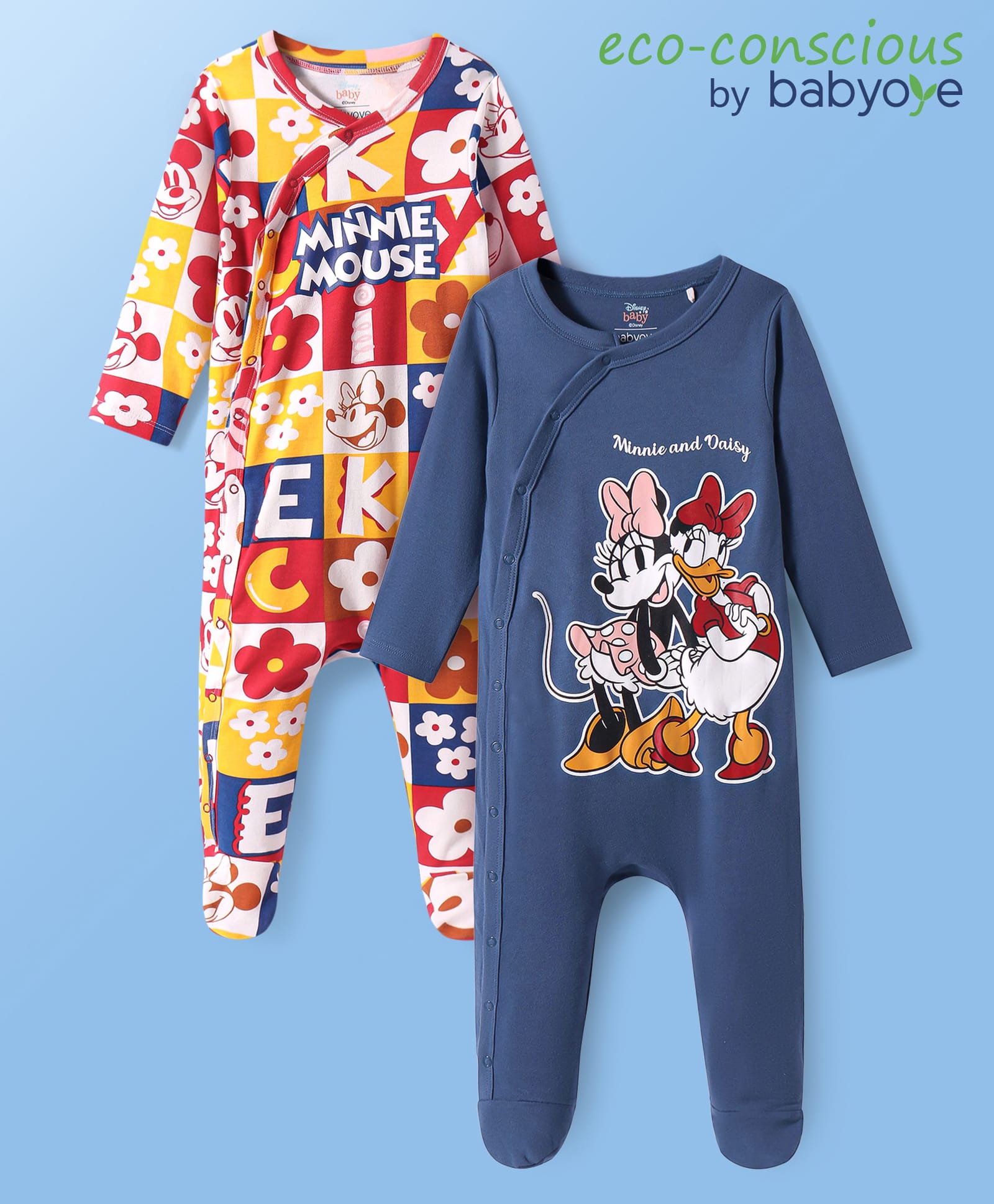 Babyoye Disney Interlock Knit Full Sleeves Sleep Suits with Minnie Mouse Graphics Pack of 2 - Navy Blue Red & Yellow-picture-10