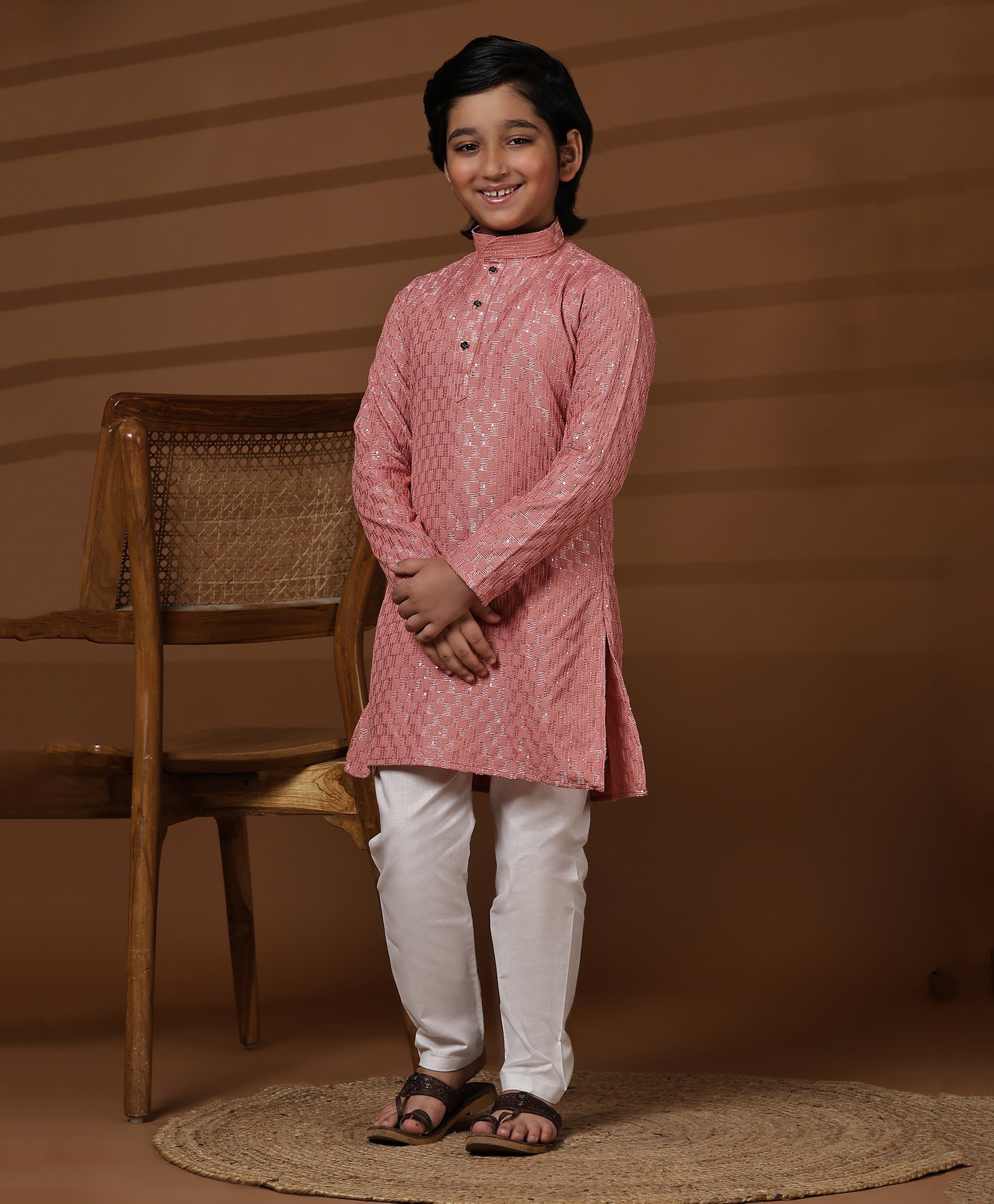 P-MARK Full Sleeves Sequins Embellished Kurta With Solid Pyjama Set - Pink-picture-27
