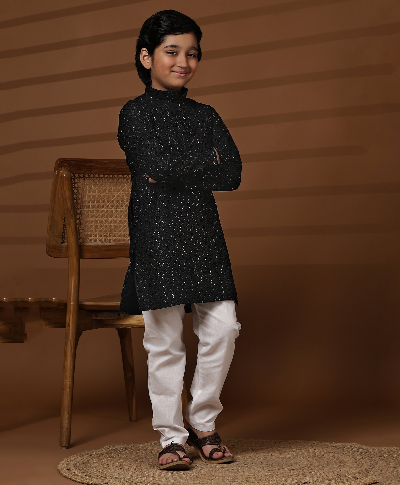 P-MARK Full Sleeves Sequins Embellished Kurta With Solid Pyjama Set - Black-image-21
