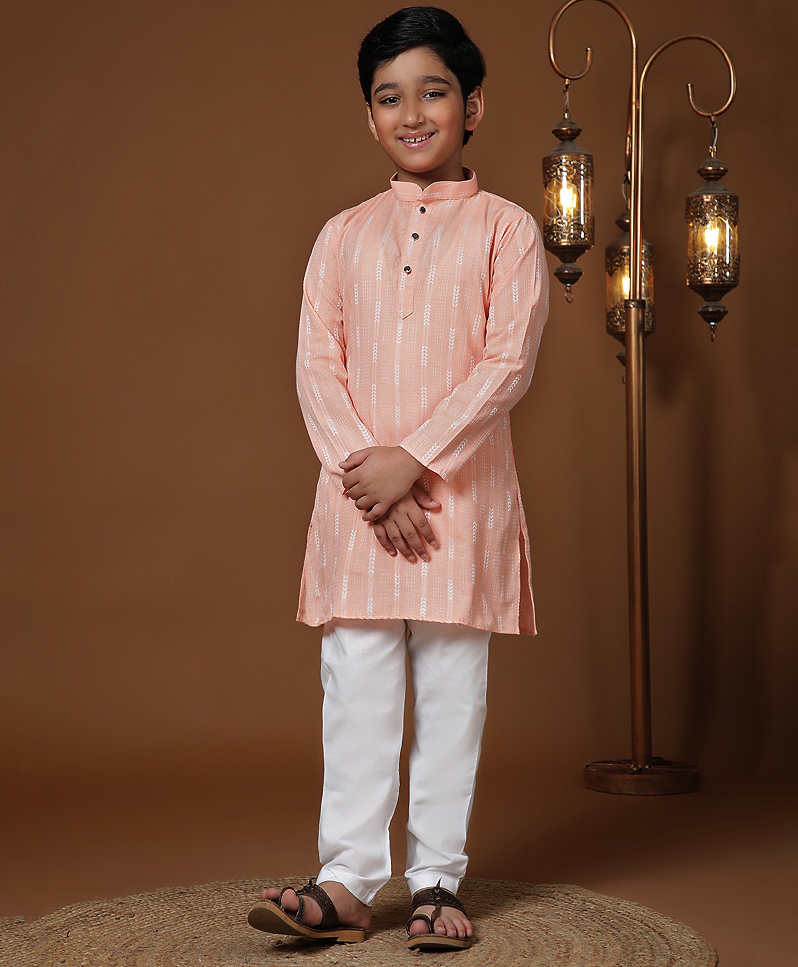 P-MARK Cotton Full Sleeves Thread Work Embroidered Kurta & Pyjama Set - Peach-image-13