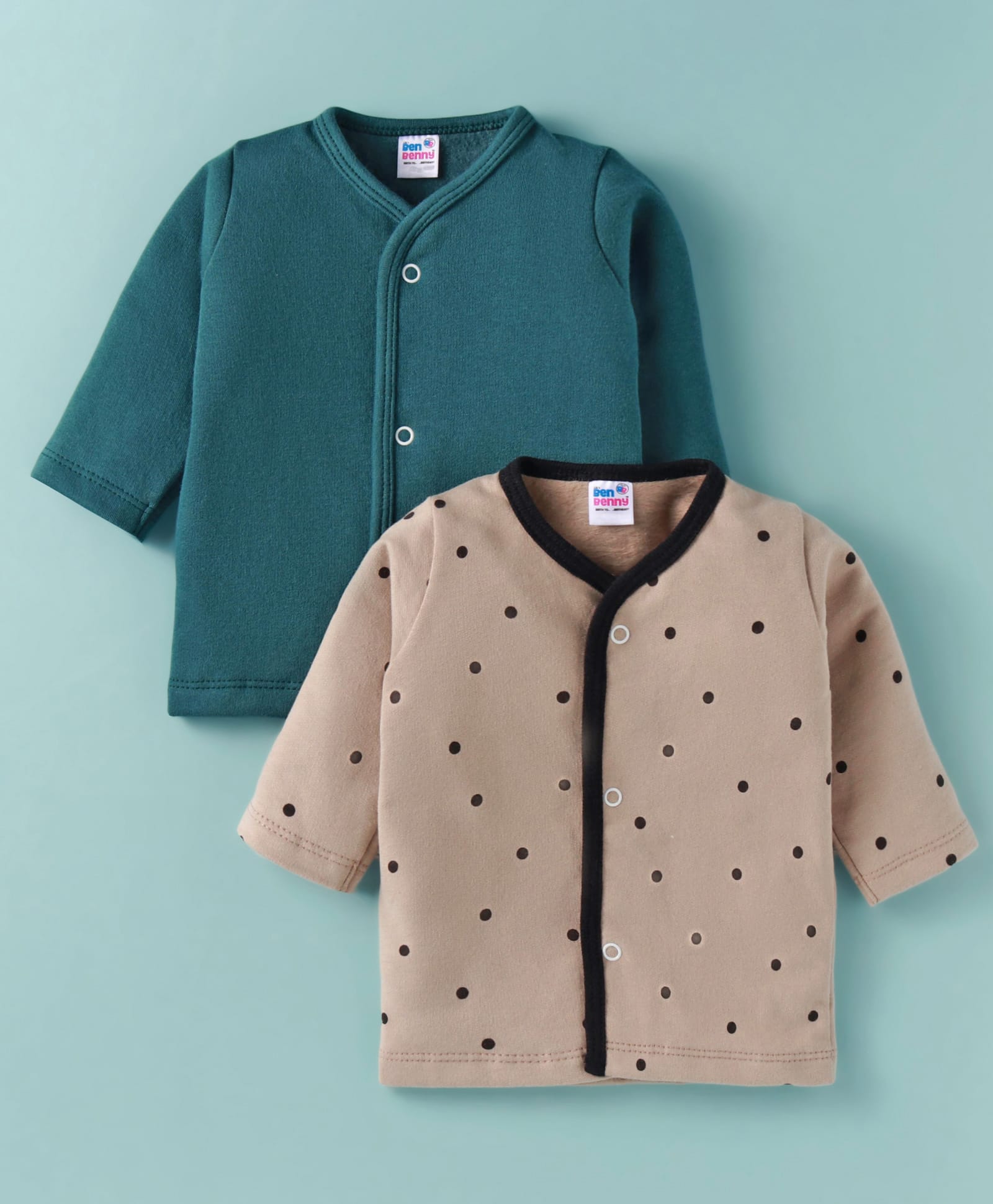 Ben Benny Fleece Knit Full Sleeves Jhablas with Polka Dots Pack of 2 - Tan & Teal Blue-image-21