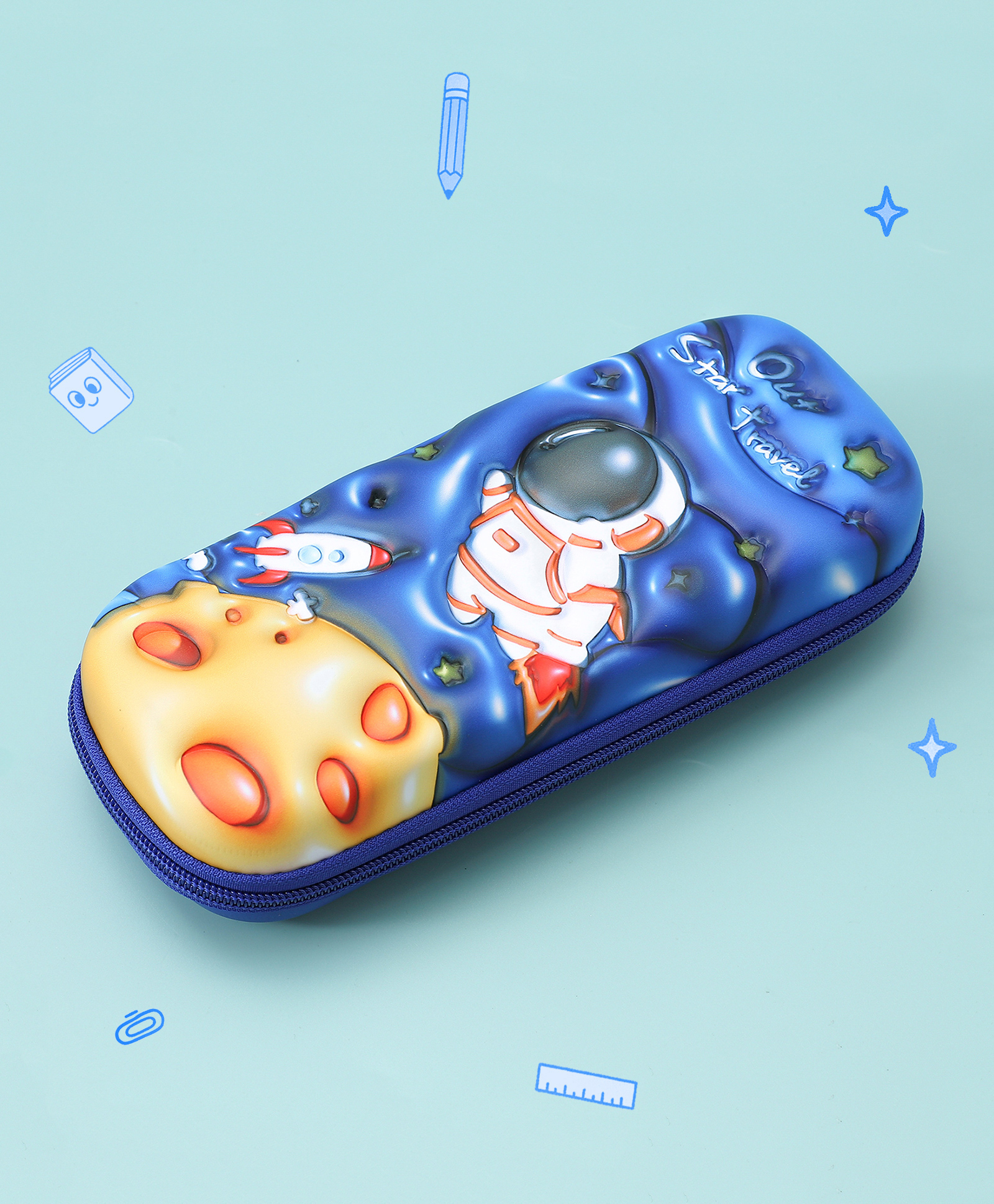 Space Theme Print Pencil Pouch - Blue-image-24