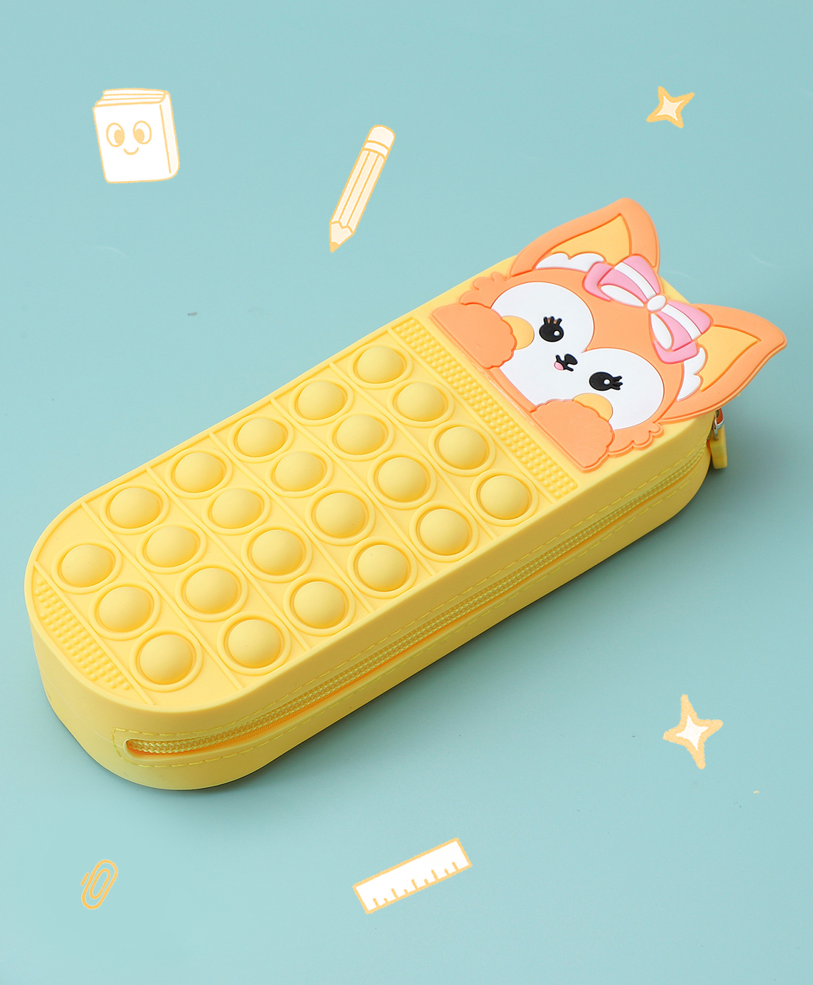 Kitty Shape Pencil Box with Pop It Applique - Yellow-image-25