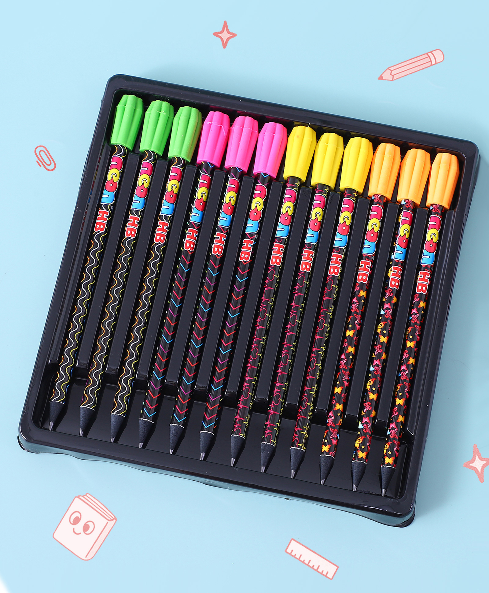 fab n funky Neon HB Pencils Pack Of 12 - Black-picture-22
