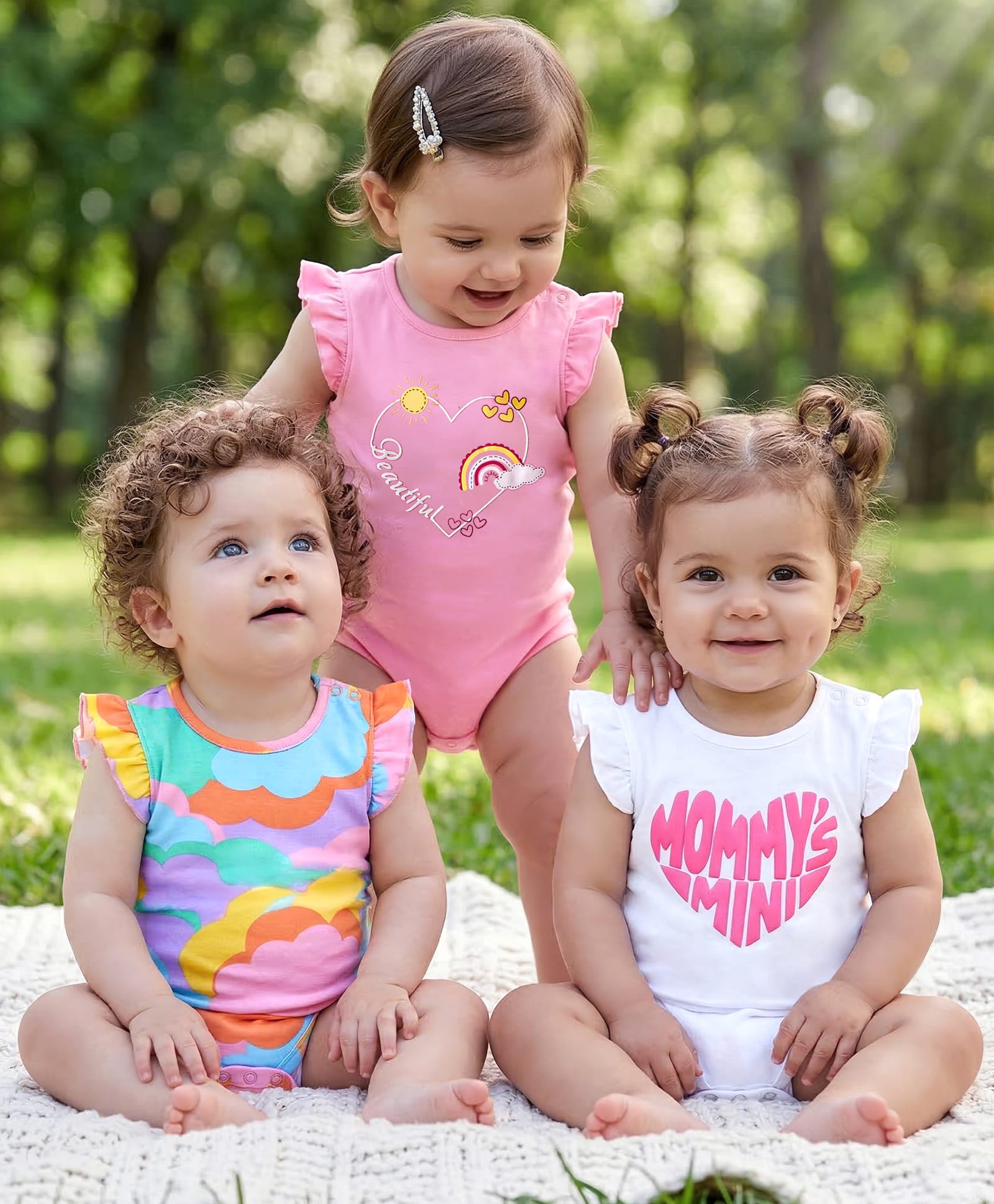 Babyoye Eco Conscious 100% Cotton Knit Frill Sleeves Heart & Rainbow Printed Onesies Pack of 3 -White & Pink-picture-14