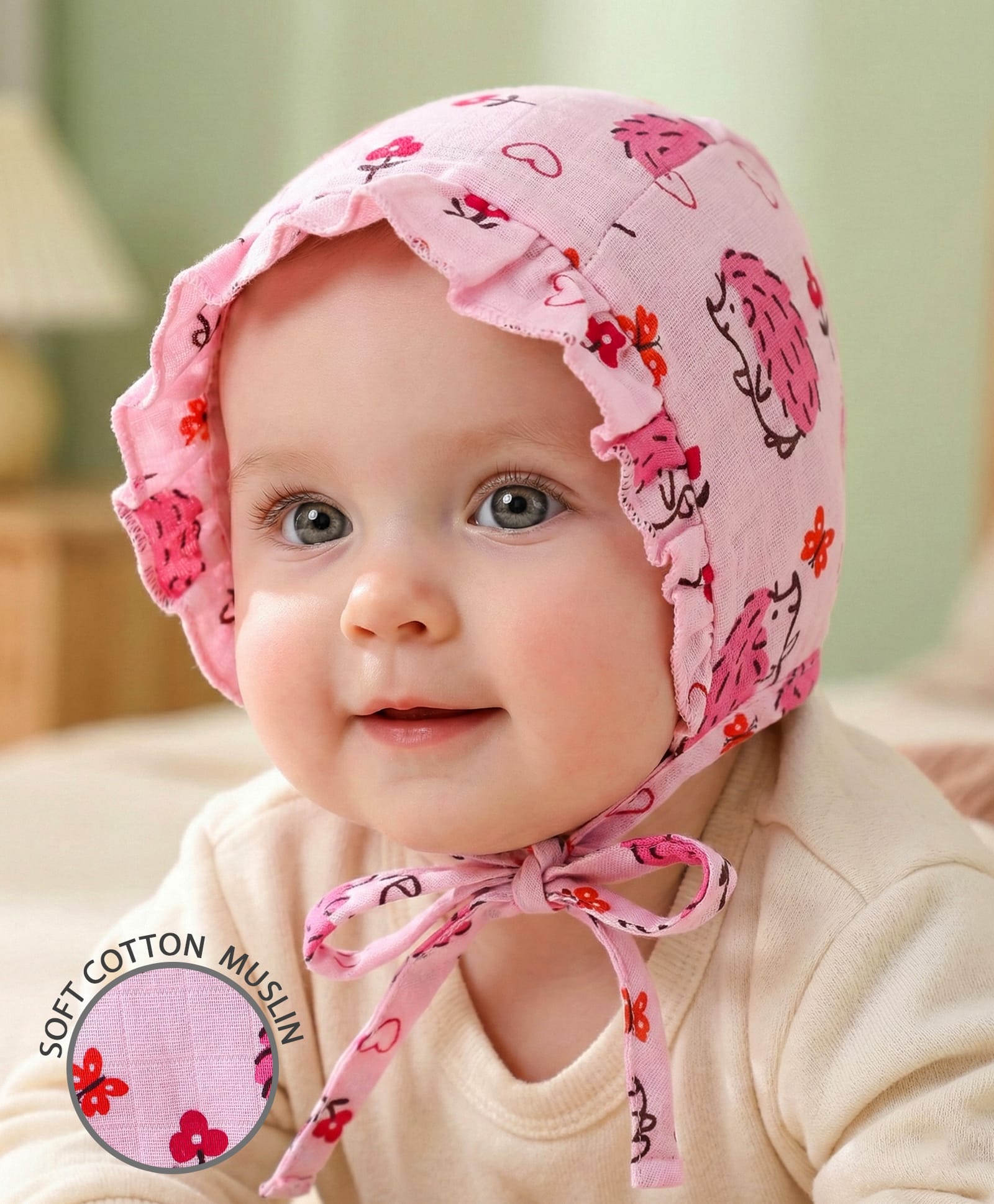 Babyoye Cotton Woven Animal Print Cap With Knot Pink - Diameter 10 cm-image-9