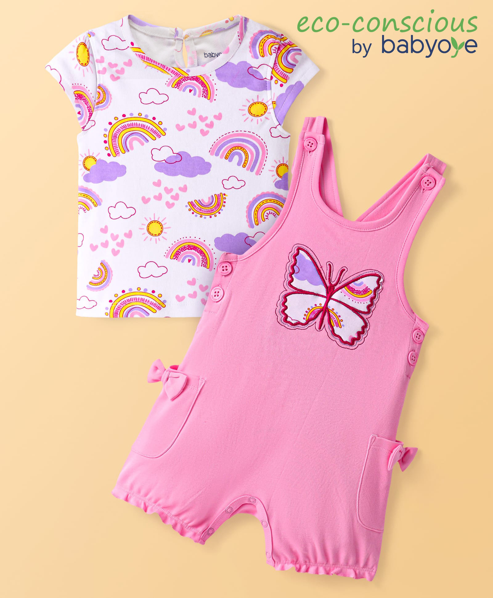 Babyoye Eco Conscious 100% Cotton Knit Butterfly Embroidered Dungaree with Cap Sleeves Sky Printed Top & Bow Applique - White & Pink-picture-26