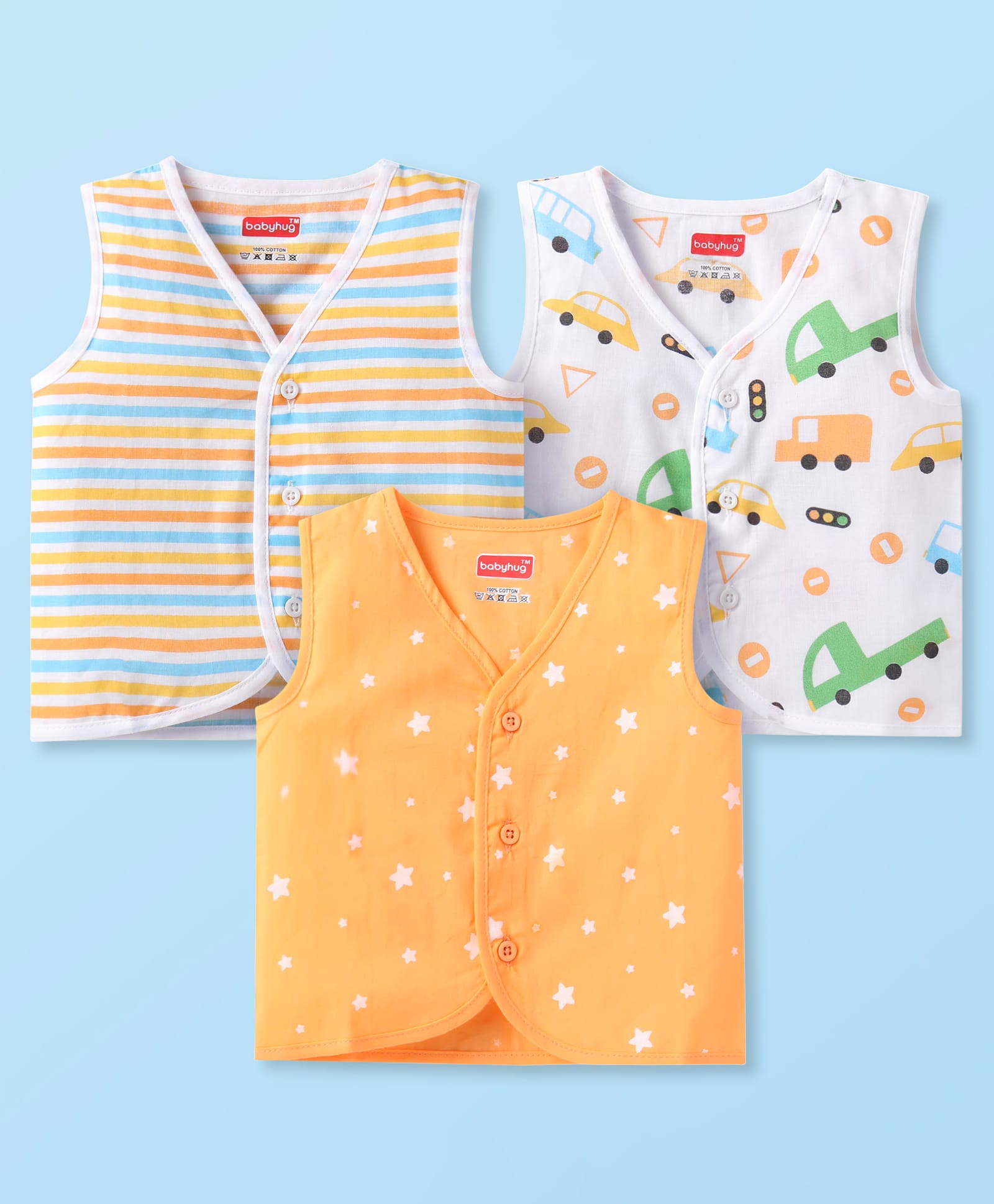 Babyhug 100% Cotton Knit Sleeveless Jhablas with Stripes & Vehicle Print Pack of 3 - Orange & White-image-10