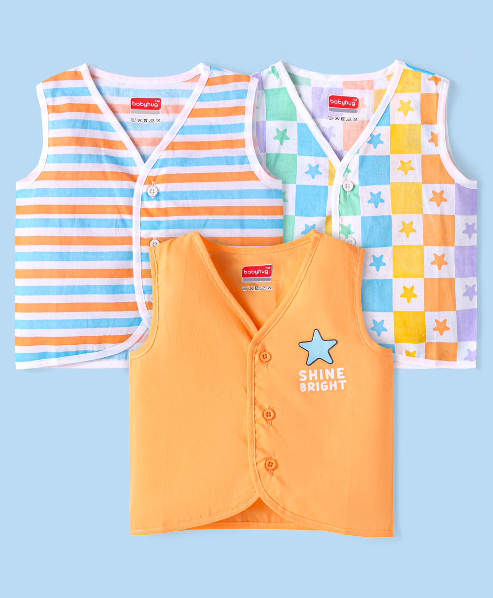 Babyhug 100% Cotton Knit Sleeveless Striped & Star Printed Jhablas Pack of 3 - White &Orange-image-34