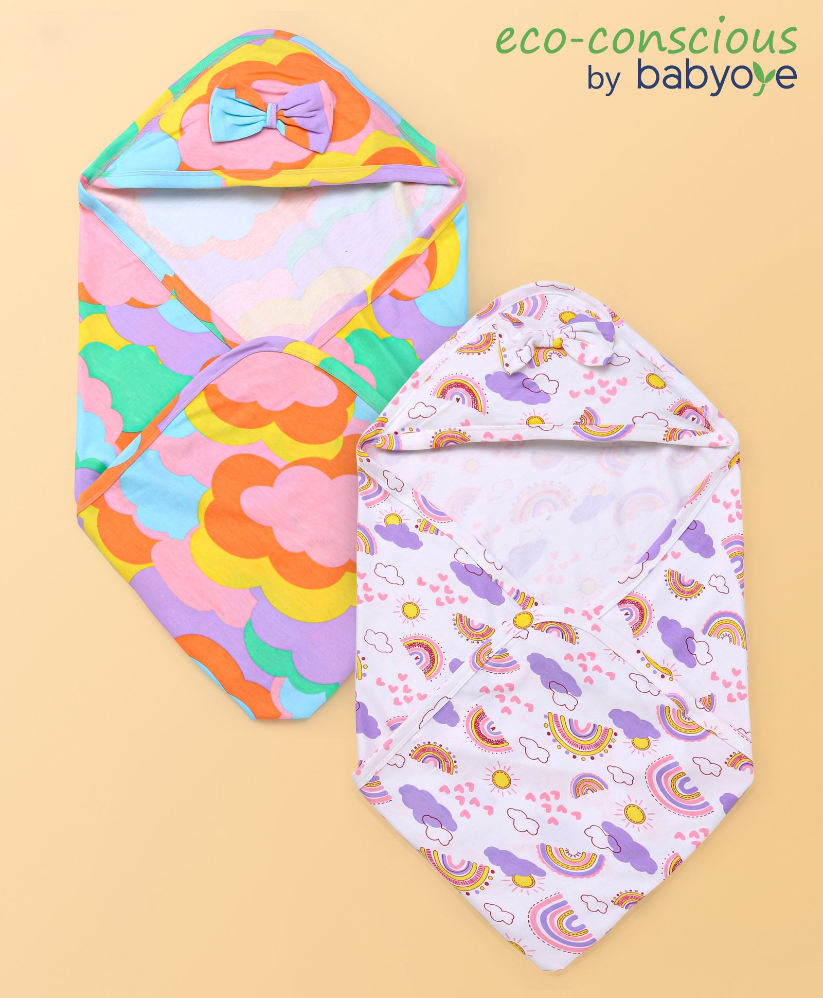 Babyoye Eco Conscious 100% Cotton Knit Hooded Towel With Rainbow Print Pack of 2 L 84 x B 74 cm - White & Pink-picture-33